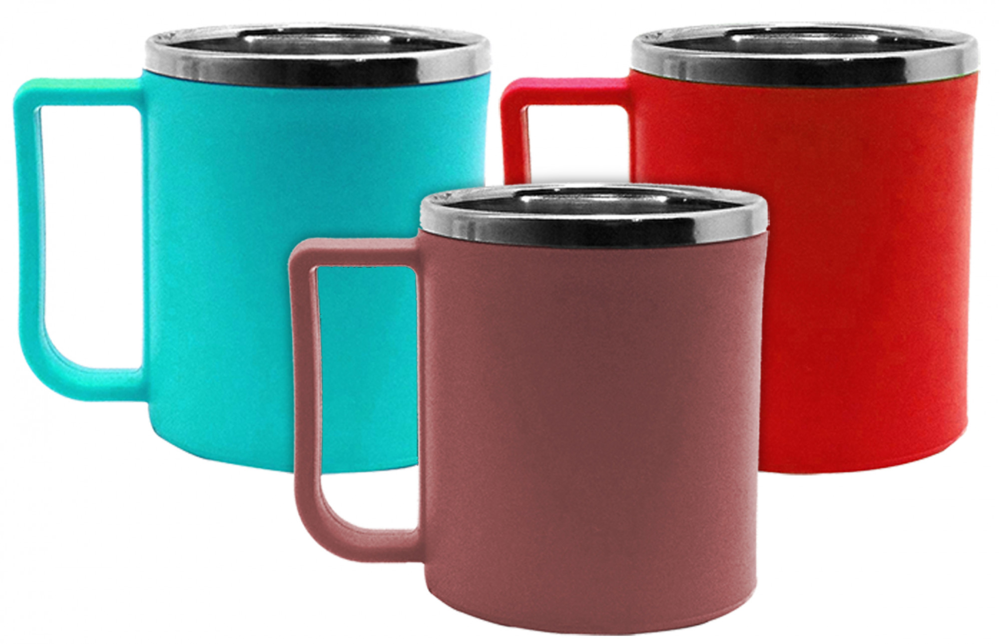 Kuber Industries Plastic Steel Cups for Coffee Tea Cocoa, Camping Mugs with Handle, Portable & Easy Clean,(Green & Red & Brown)