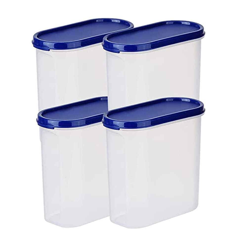 Kuber Industries Plastic Storage Containers With Lid I Set of 4, 1600 ml | Airtight, Stackable, Spill-proof, Travel-friendly | Transparent with Blue Lid | For Dry & Wet Foods, Cereals, Dryfruits
