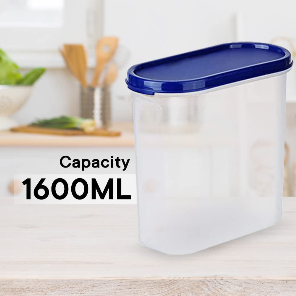 Kuber Industries Plastic Storage Containers With Lid I Set of 4, 1600 ml | Airtight, Stackable, Spill-proof, Travel-friendly | Transparent with Blue Lid | For Dry & Wet Foods, Cereals, Dryfruits