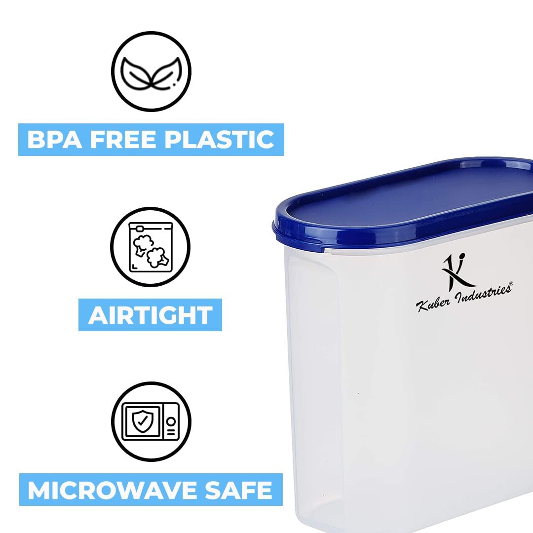 Kuber Industries Plastic Storage Containers With Lid I Set of 4, 1600 ml | Airtight, Stackable, Spill-proof, Travel-friendly | Transparent with Blue Lid | For Dry & Wet Foods, Cereals, Dryfruits