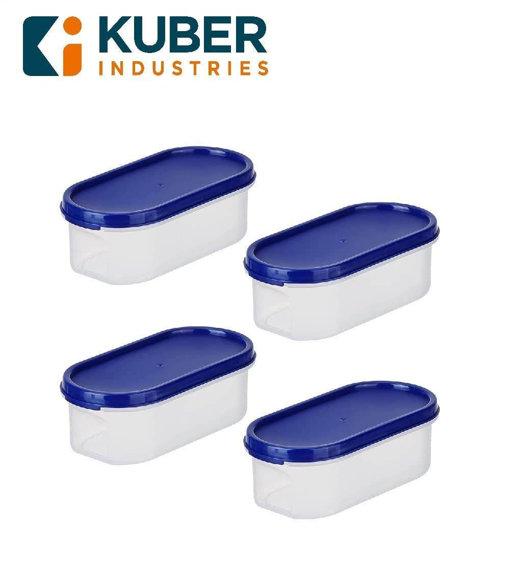 Kuber Industries Plastic Storage Containers With Lid I Set of 4, 500 ml | Airtight, Stackable, Spill-proof, Travel-friendly | Transparent with Blue Lid | For Dry & Wet Food Pickle, Spices, Dryfruits