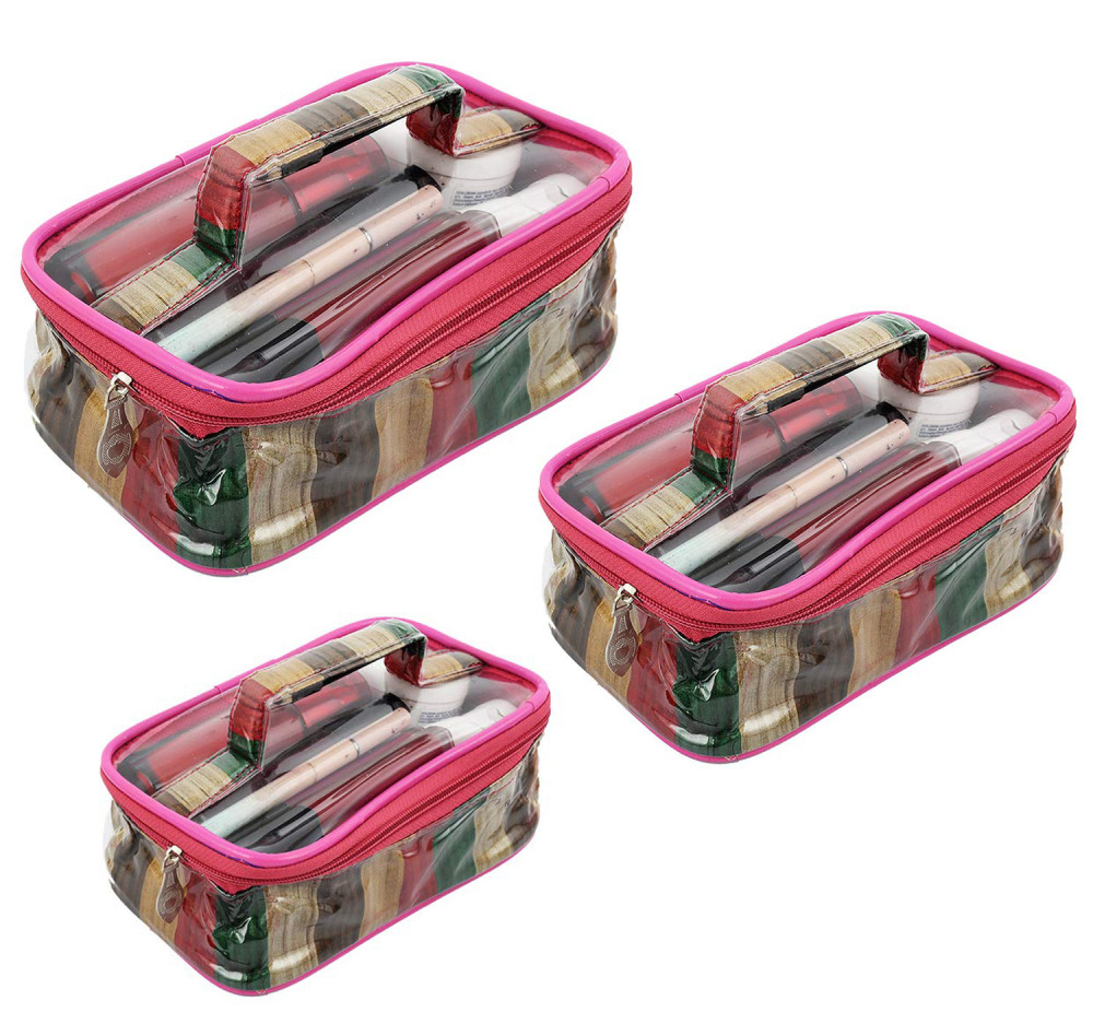  Kuber Industries Plastic Toiletry Bag, Makeup, Cosmetics &amp; Jewelry Organiser, Travel kit- Pack of 3  (Pink)