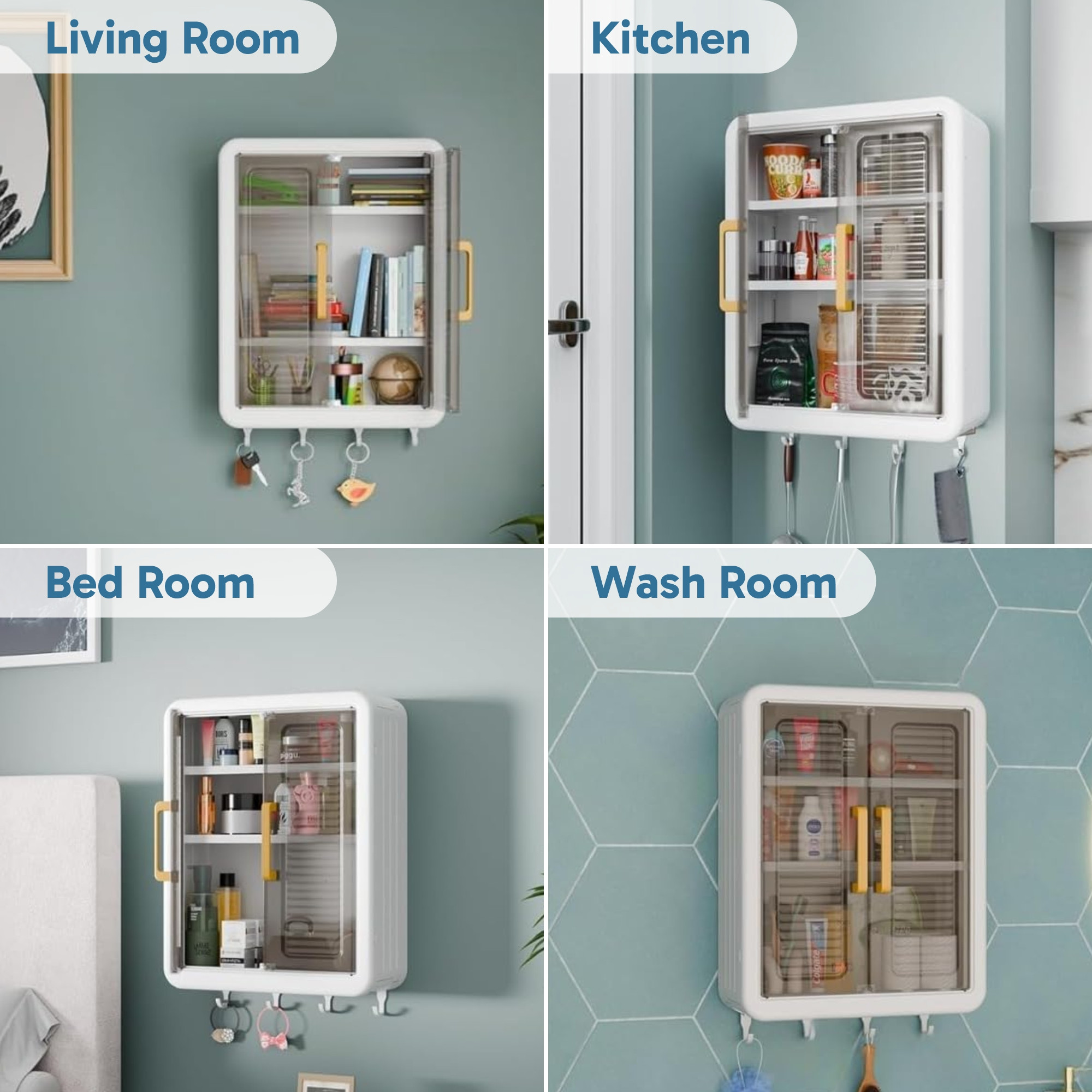 Kuber Industries Plastic Wall Mounted Storage Cabinet for Kitchen and Bathroom Organizer with Adjustable Shelves  Door Self-Adhesive No-Drill Bathroom Cupboard  Black  White