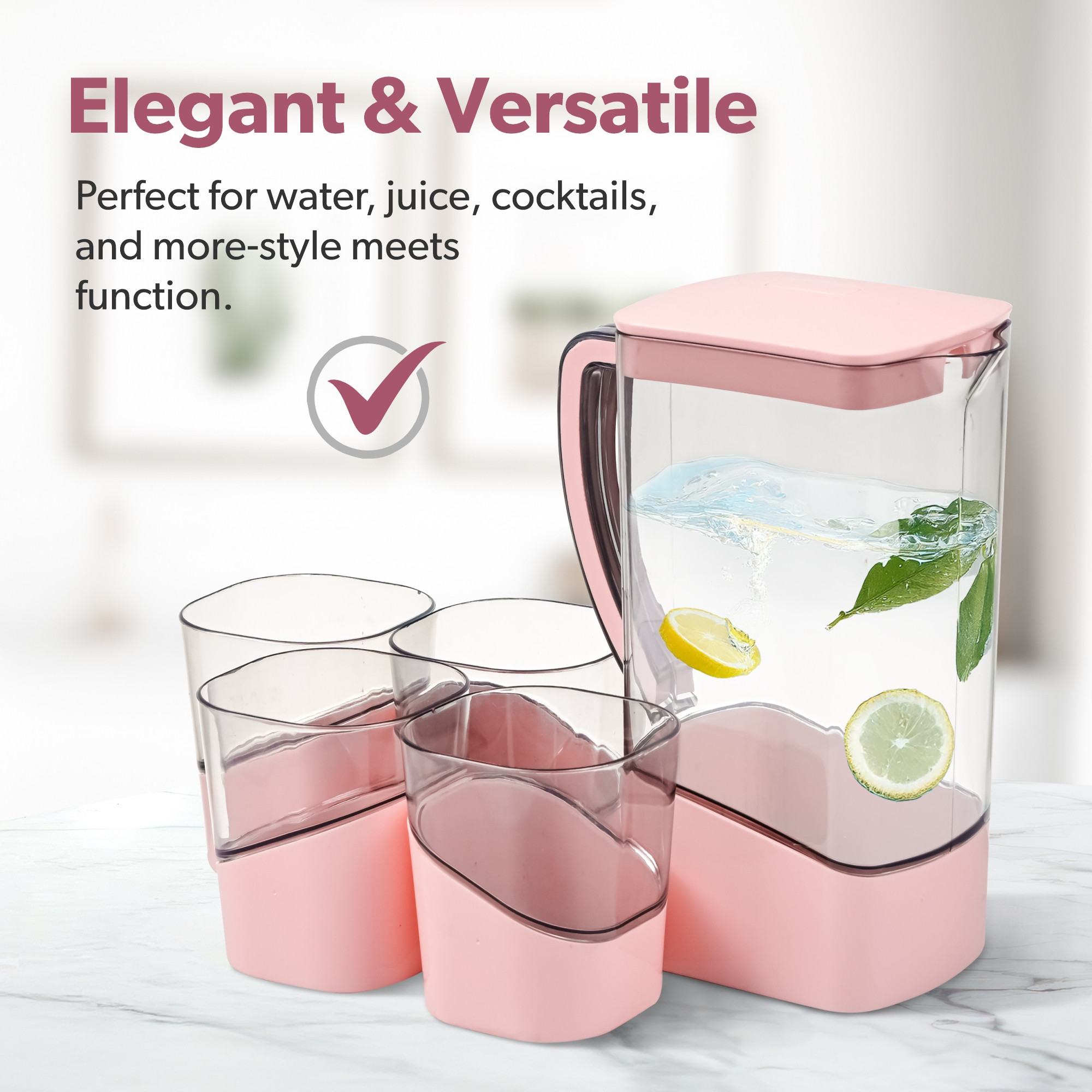 Kuber Industries Plastic Water Jug with Lid and 4 Glasses  Transparent Glass and Jug Set for Dining Table  Serve Water Beverages Iced Tea and Juices  Pitcher for Detox Water  Pink