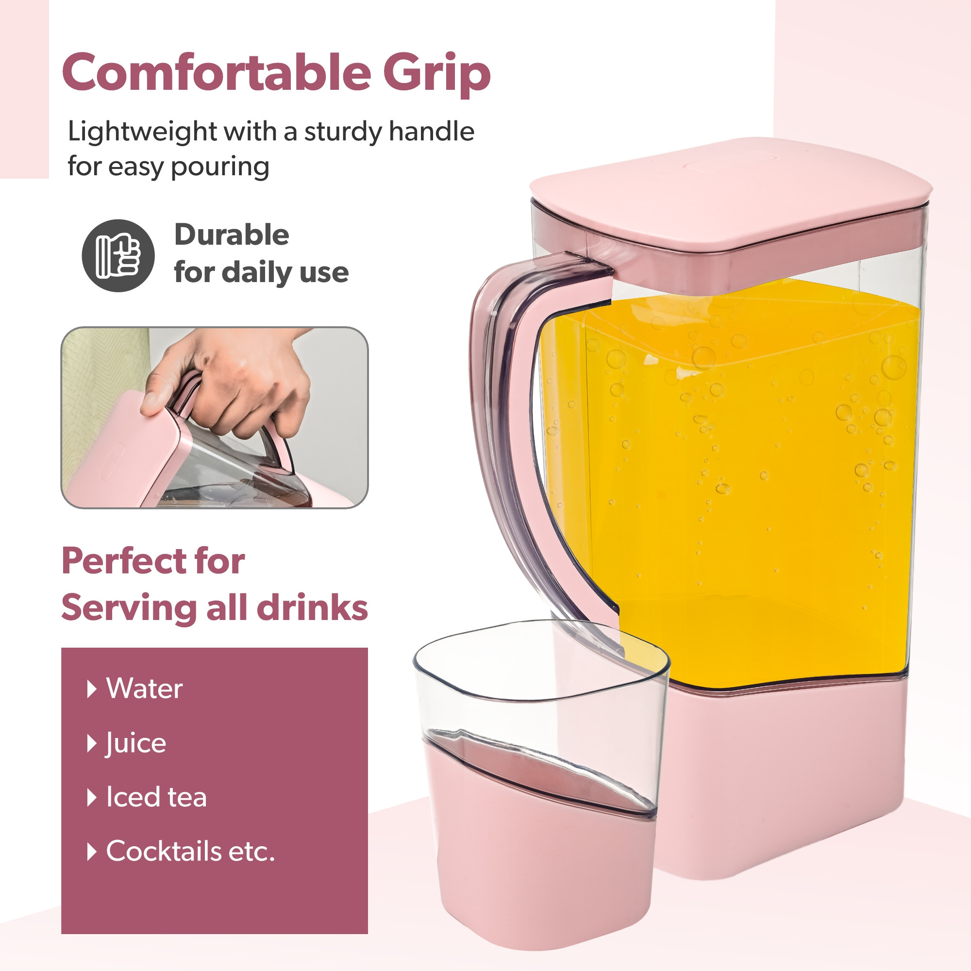 Kuber Industries Plastic Water Jug with Lid and 4 Glasses  Transparent Glass and Jug Set for Dining Table  Serve Water Beverages Iced Tea and Juices  Pitcher for Detox Water  Pink
