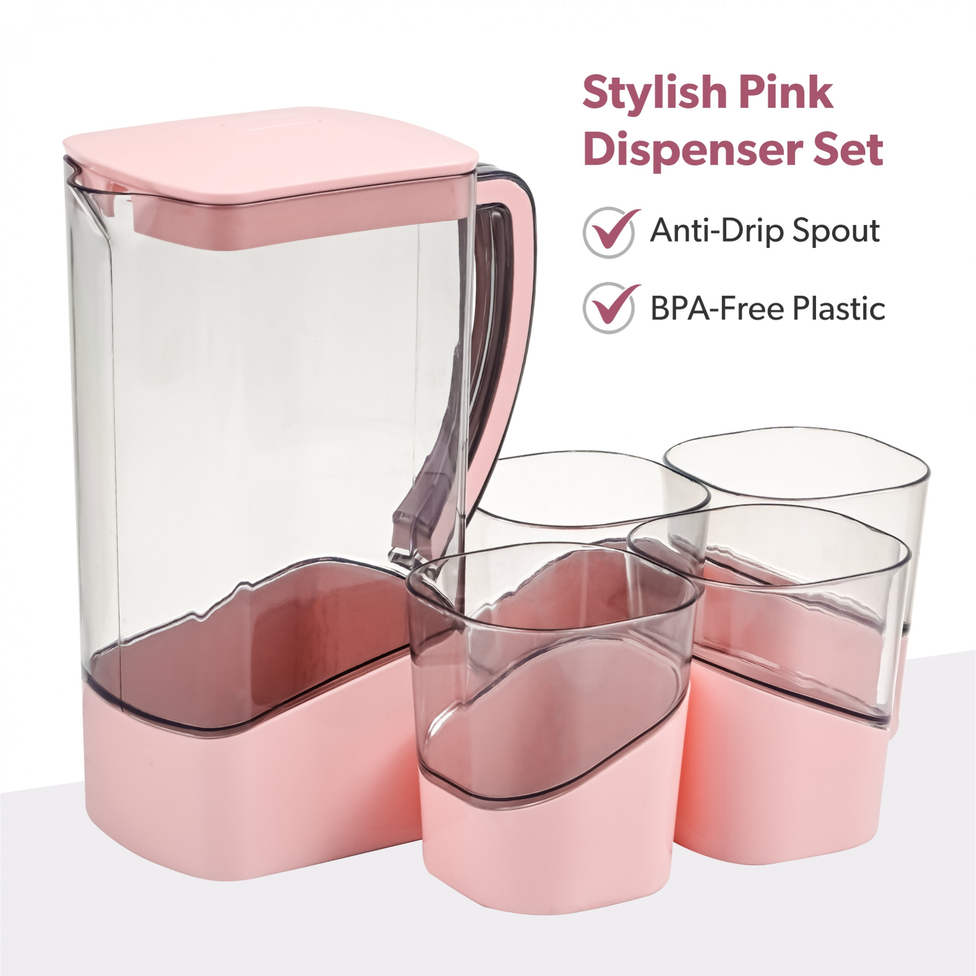 Kuber Industries Plastic Water Jug with Lid and 4 Glasses  Transparent Glass and Jug Set for Dining Table  Serve Water Beverages Iced Tea and Juices  Pitcher for Detox Water  Pink