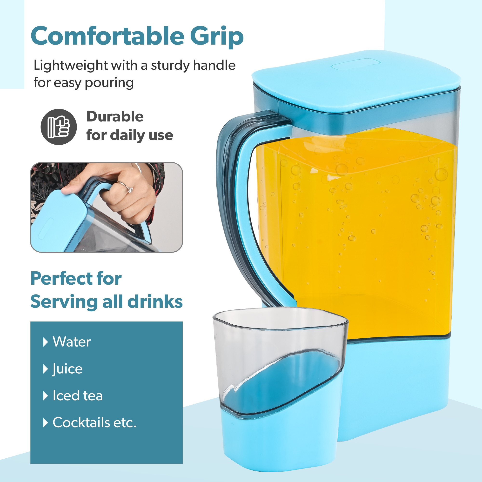 Kuber Industries Plastic Water Jug with Lid and 4 Glasses  Transparent Glass and Jug Set for Dining Table  Serve Water Beverages Iced Tea and Juices  Pitcher for Detox Water  Blue