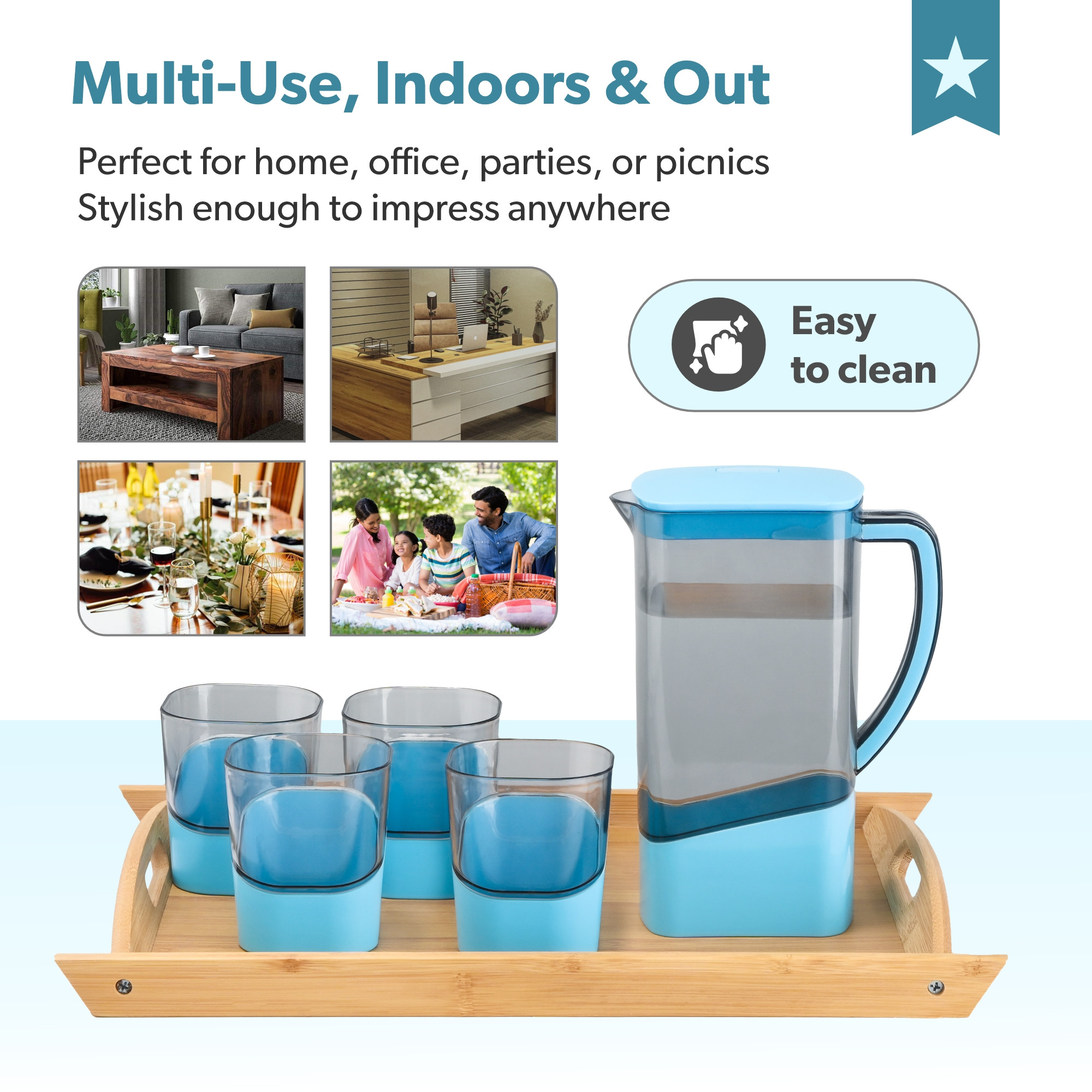 Kuber Industries Plastic Water Jug with Lid and 4 Glasses  Transparent Glass and Jug Set for Dining Table  Serve Water Beverages Iced Tea and Juices  Pitcher for Detox Water  Blue