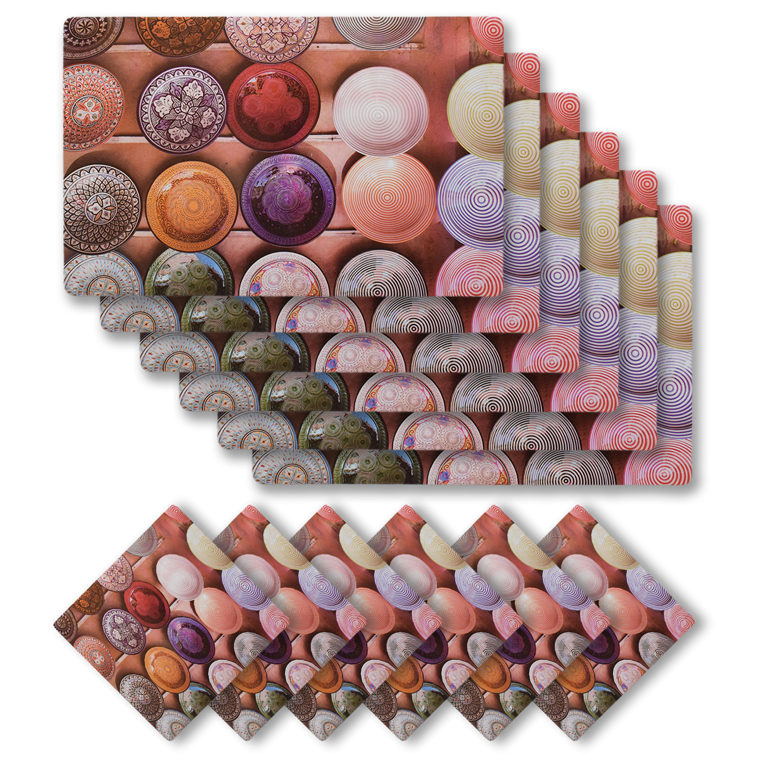 Kuber Industries Plates Print PVC Table Mats /Placemat With 6 Coasters For kitchen, Dining Table Set of 6 (Peach) 54KM4381