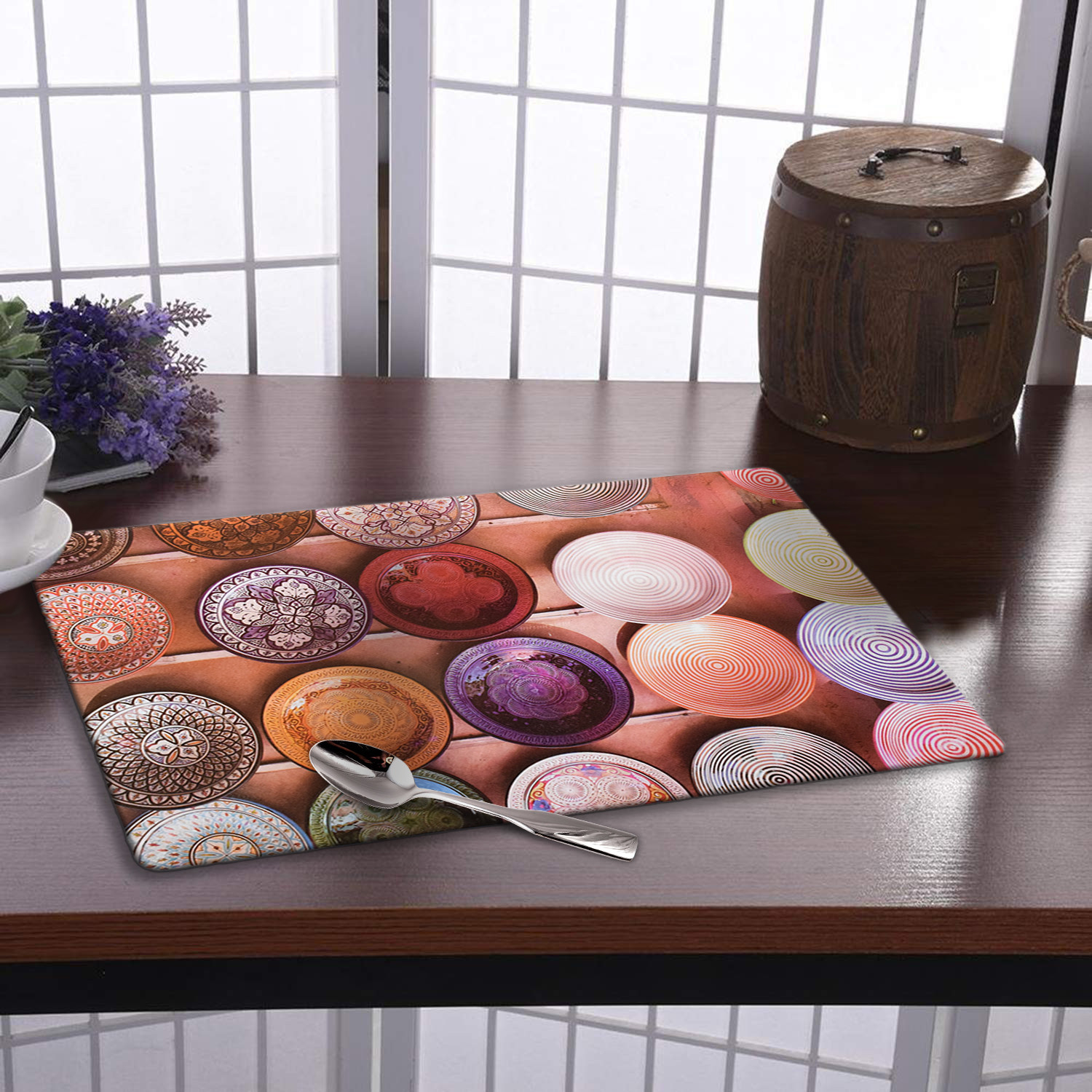 Kuber Industries Plates Print PVC Table Mats /Placemat With 6 Coasters For kitchen, Dining Table Set of 6 (Peach) 54KM4381