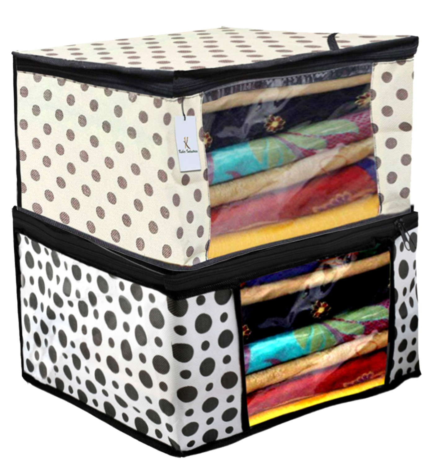 Kuber Industries Polka Dot Design Non Woven Fabric Saree Cover Set with Transparent Window, Extra Large, Cream & White -CTKTC40761