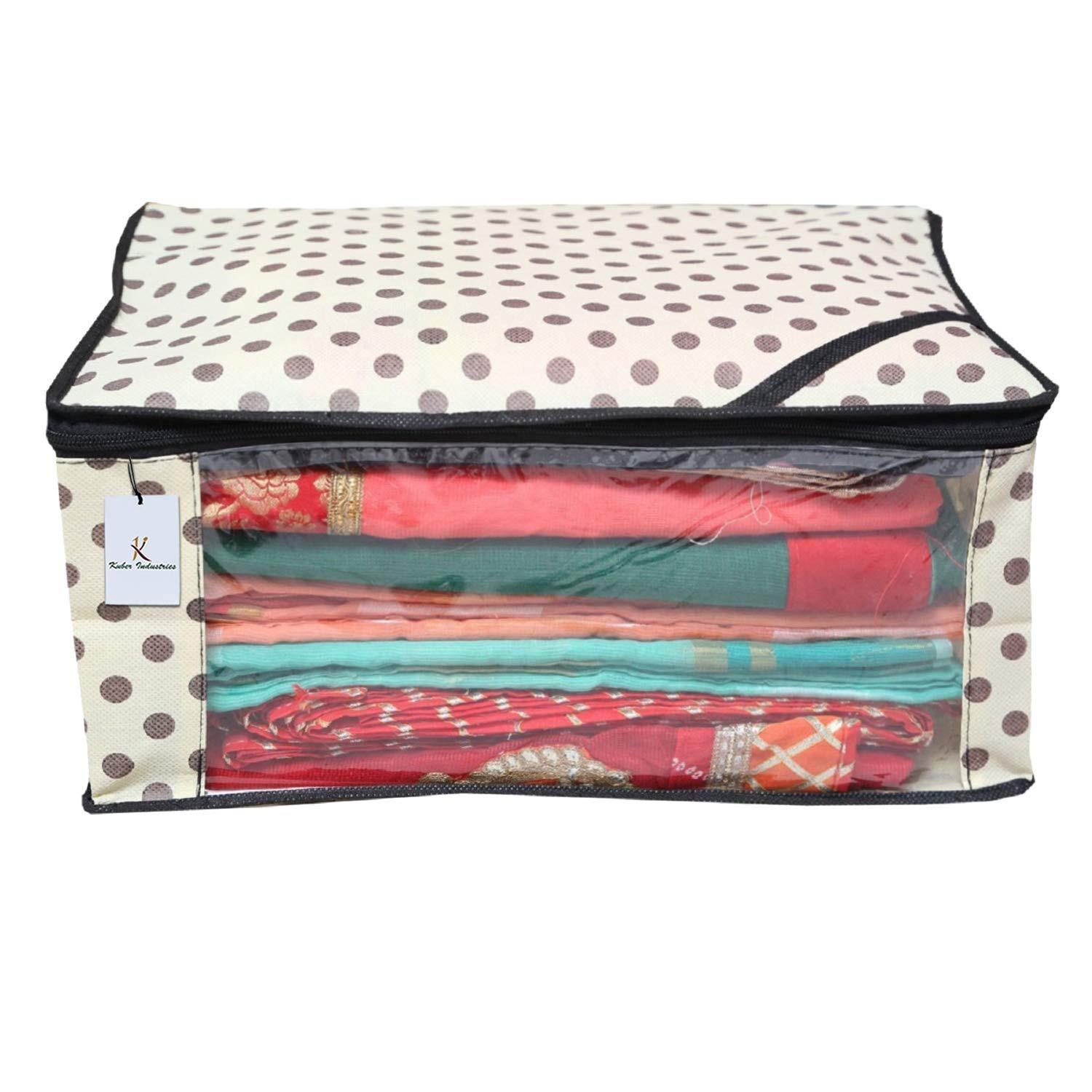 Kuber Industries Polka Dot Design Non Woven Fabric Saree Cover Set with Transparent Window, Extra Large, Cream & White -CTKTC40761