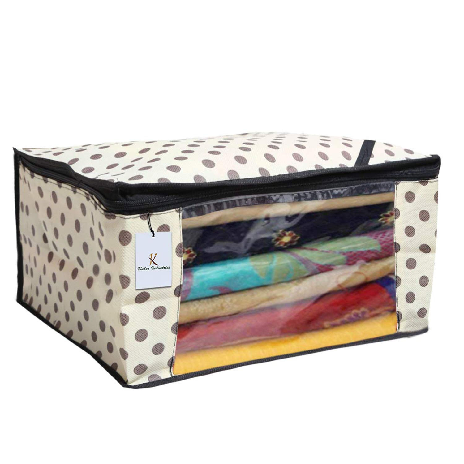 Kuber Industries Polka Dot Design Non Woven Fabric Saree Cover Set with Transparent Window, Extra Large, Cream & White -CTKTC40761