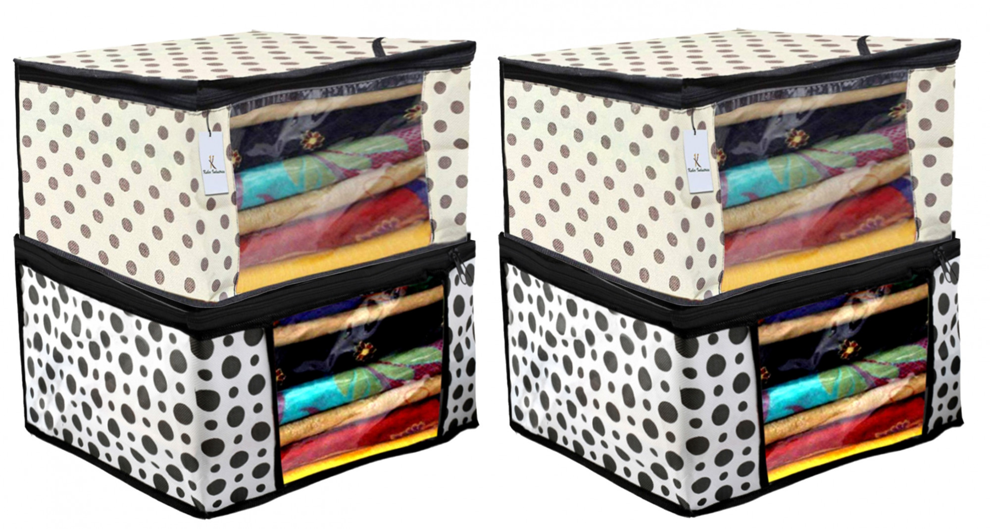 Kuber Industries Polka Dot Design Non Woven Fabric Saree Cover Set with Transparent Window, Extra Large, Cream & White -CTKTC40761
