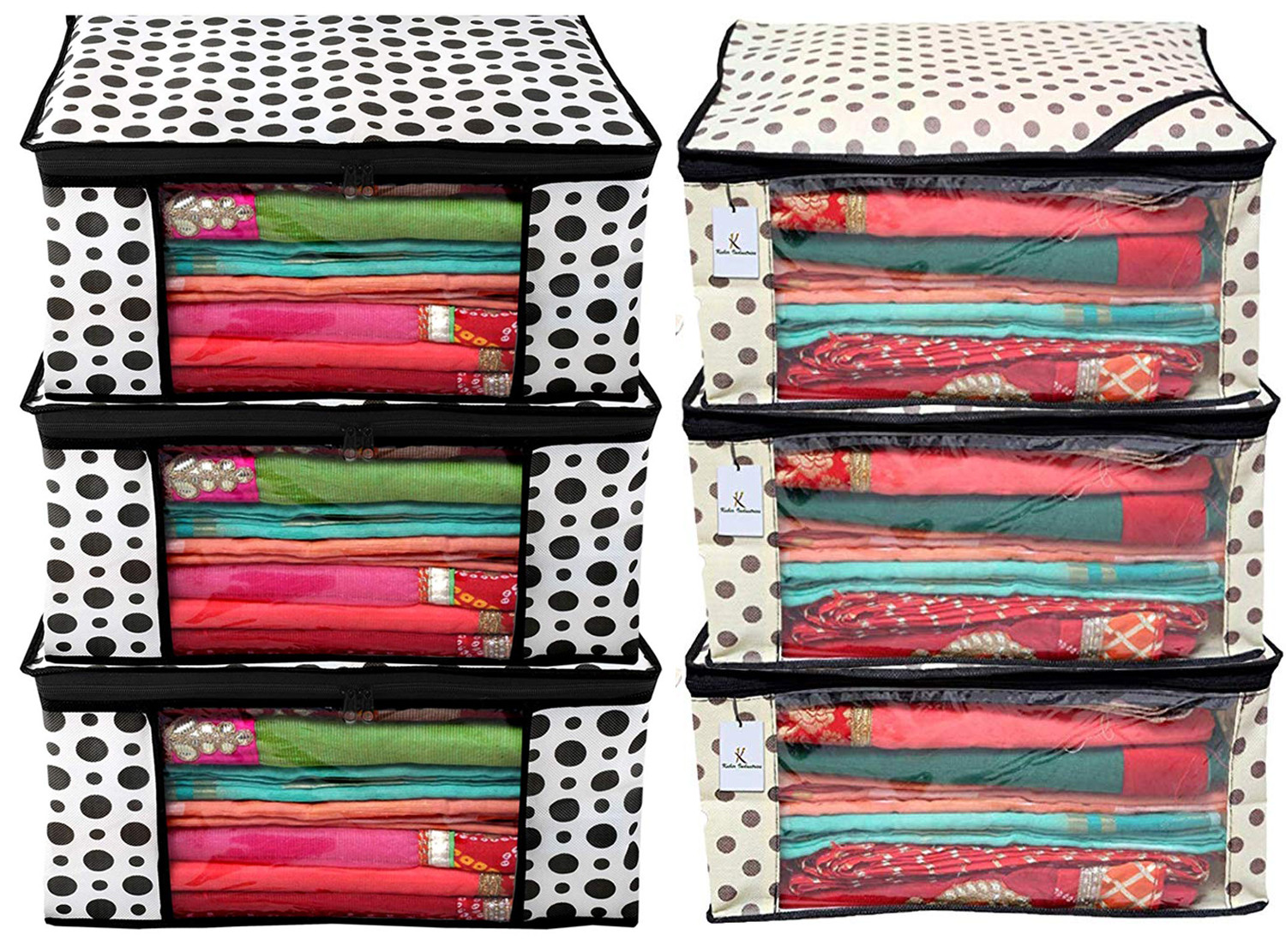 Kuber Industries Polka Dot Design Non Woven Fabric Saree Cover Set with Transparent Window, Extra Large, Cream & White -CTKTC40761