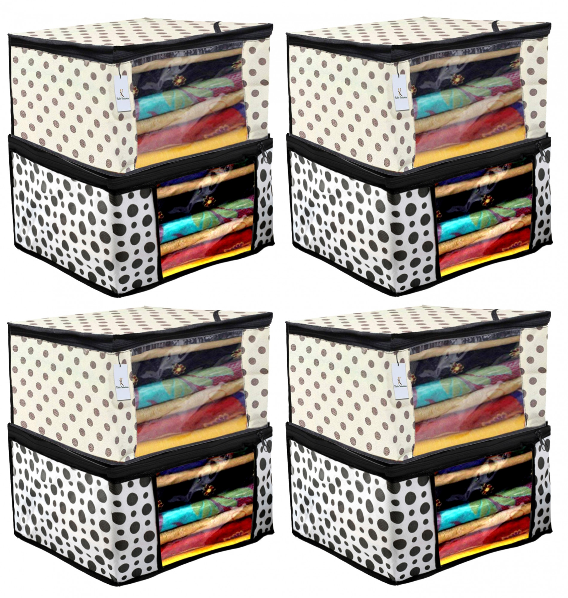 Kuber Industries Polka Dot Design Non Woven Fabric Saree Cover Set with Transparent Window, Extra Large, Cream & White -CTKTC40761