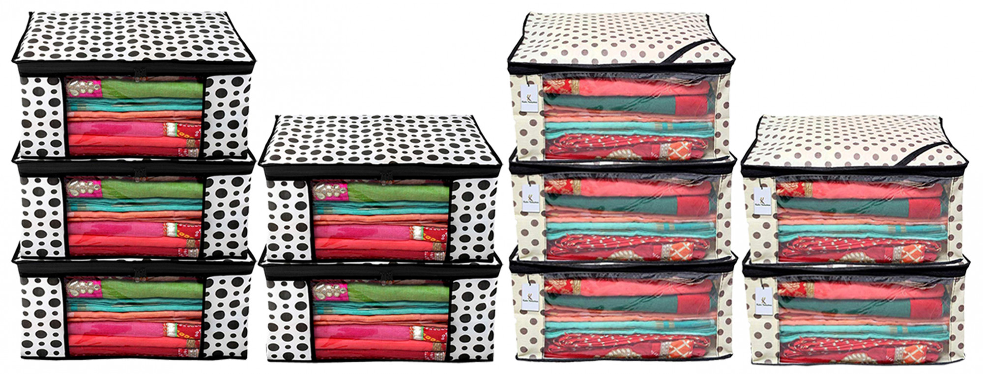 Kuber Industries Polka Dot Design Non Woven Fabric Saree Cover Set with Transparent Window, Extra Large, Cream & White -CTKTC40761