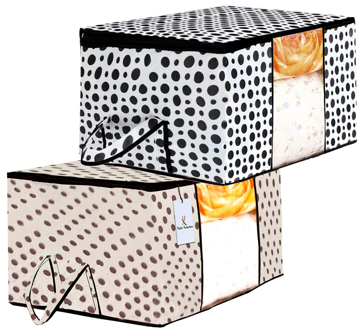 Kuber Industries Polka Dot Design Non Woven Fabric Underbed Storage Bag,Cloth Organiser,Blanket Cover with Transparent Window, Cream & White -CTKTC41039