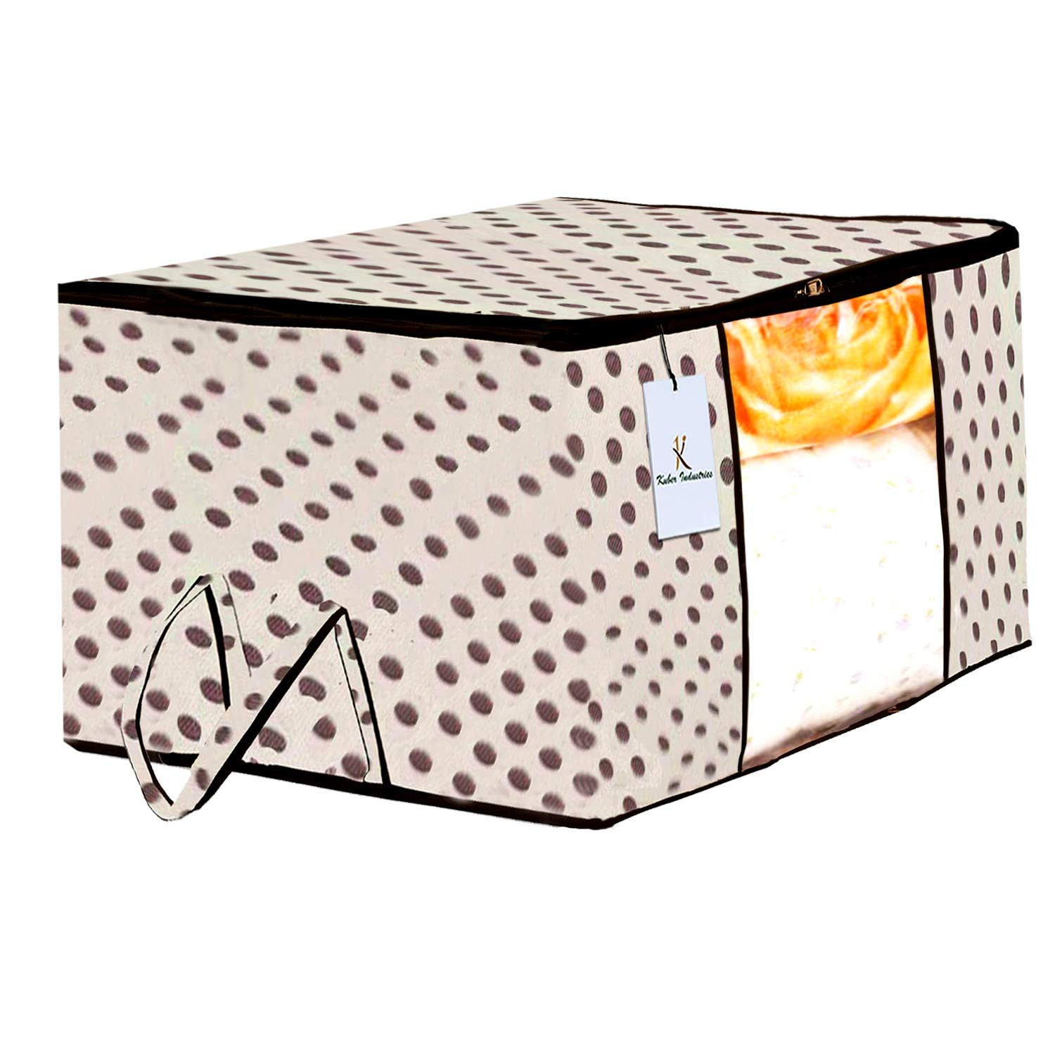 Kuber Industries Polka Dot Design Non Woven Fabric Underbed Storage Bag,Cloth Organiser,Blanket Cover with Transparent Window, Cream & White -CTKTC41039
