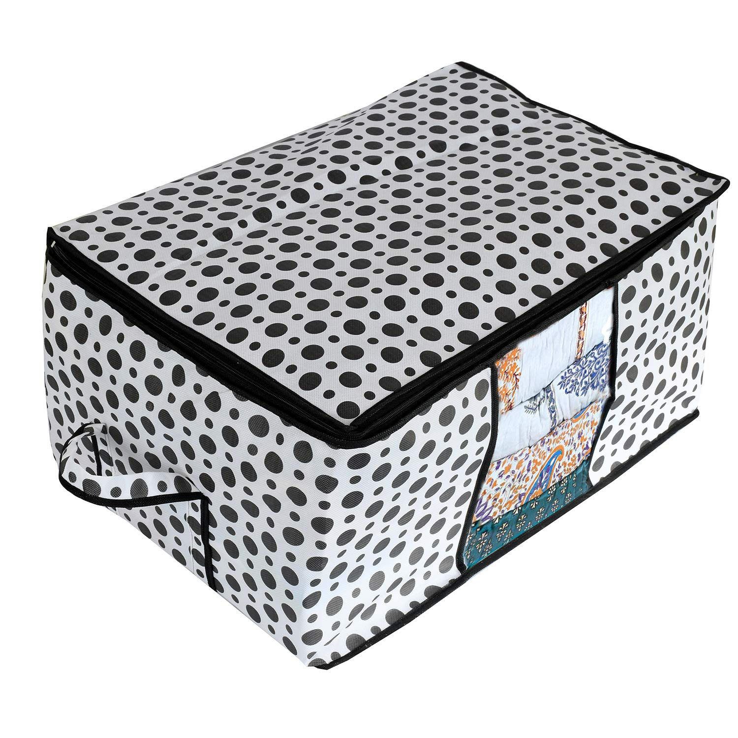 Kuber Industries Polka Dot Design Non Woven Fabric Underbed Storage Bag,Cloth Organiser,Blanket Cover with Transparent Window, Cream & White -CTKTC41039