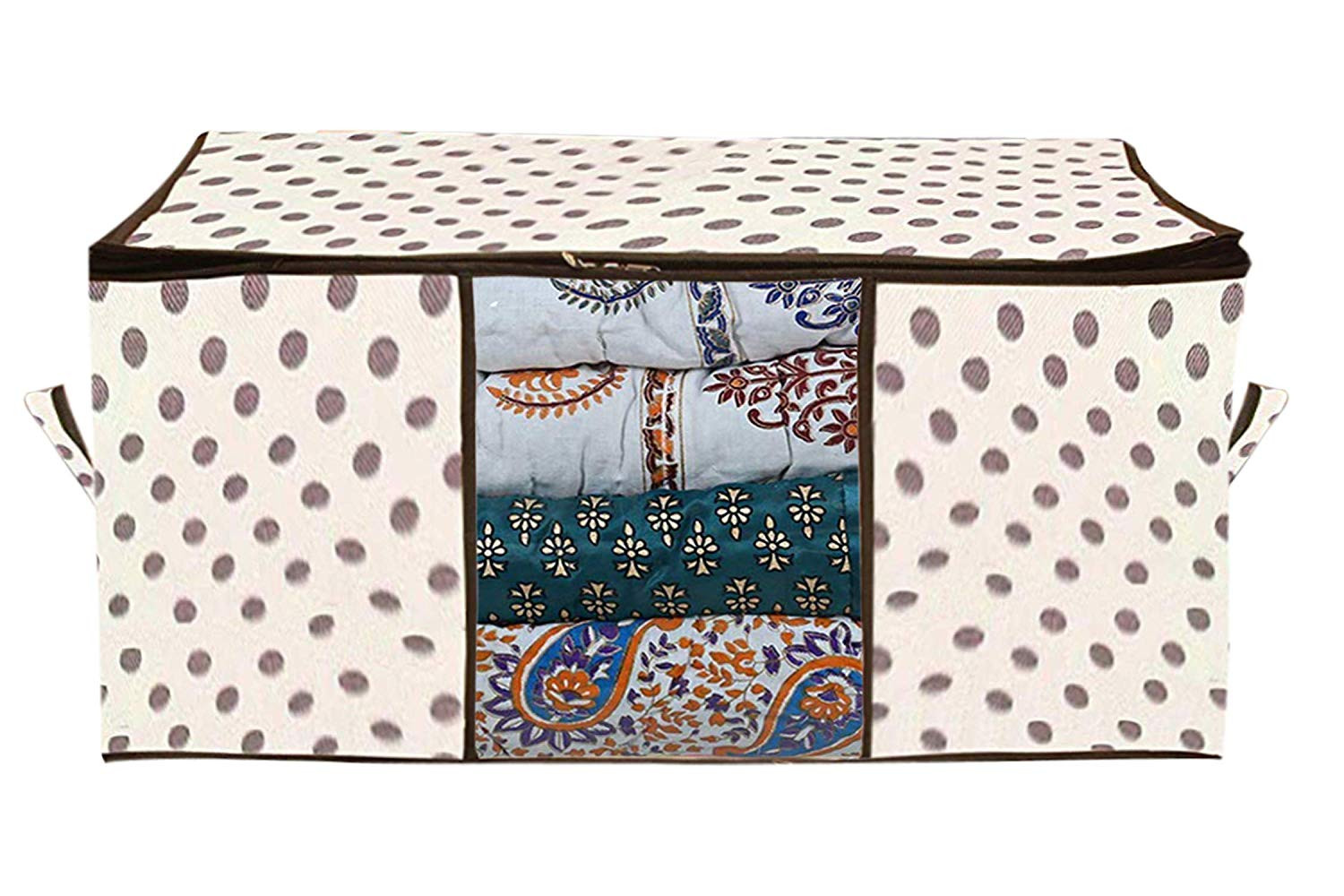 Kuber Industries Polka Dot Design Non Woven Fabric Underbed Storage Bag,Cloth Organiser,Blanket Cover with Transparent Window, Cream & White -CTKTC41039