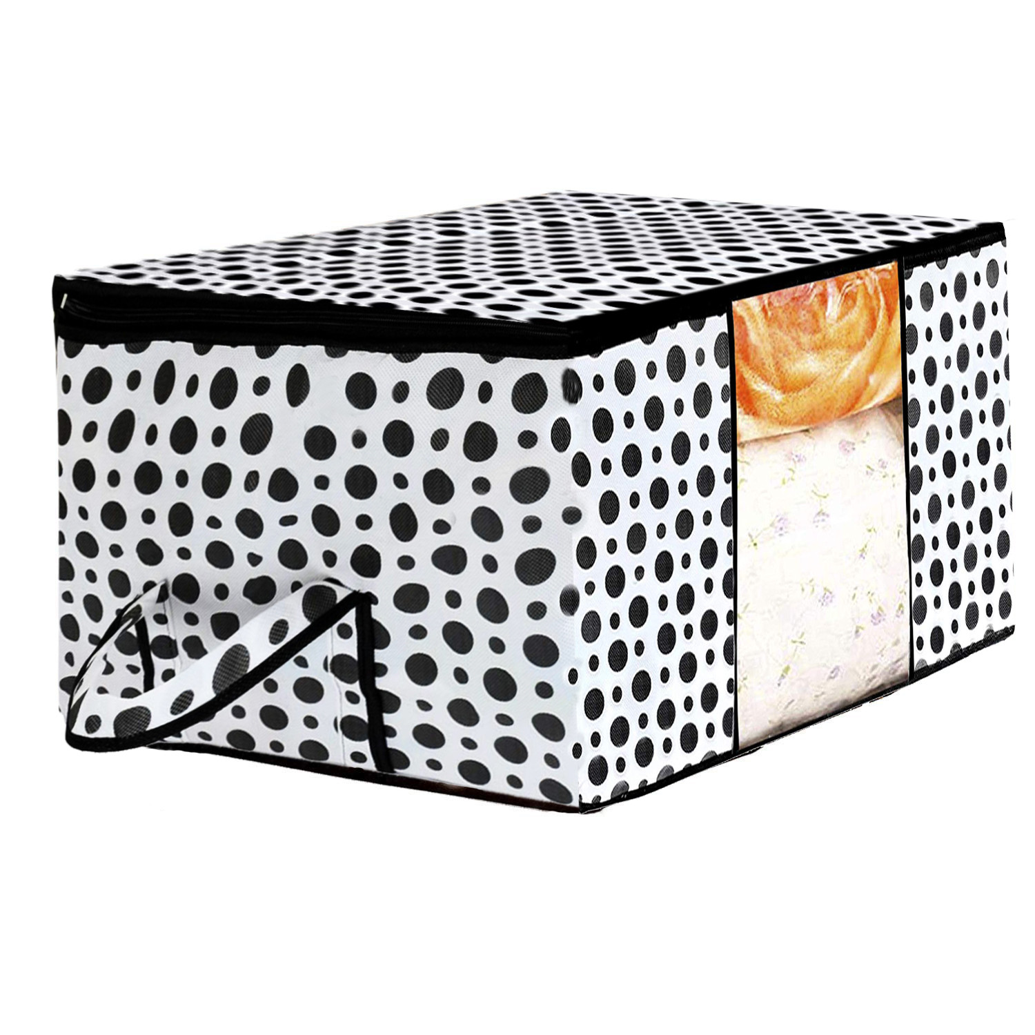 Kuber Industries Polka Dot Design Non Woven Fabric Underbed Storage Bag,Cloth Organiser,Blanket Cover with Transparent Window, Cream & White -CTKTC41039