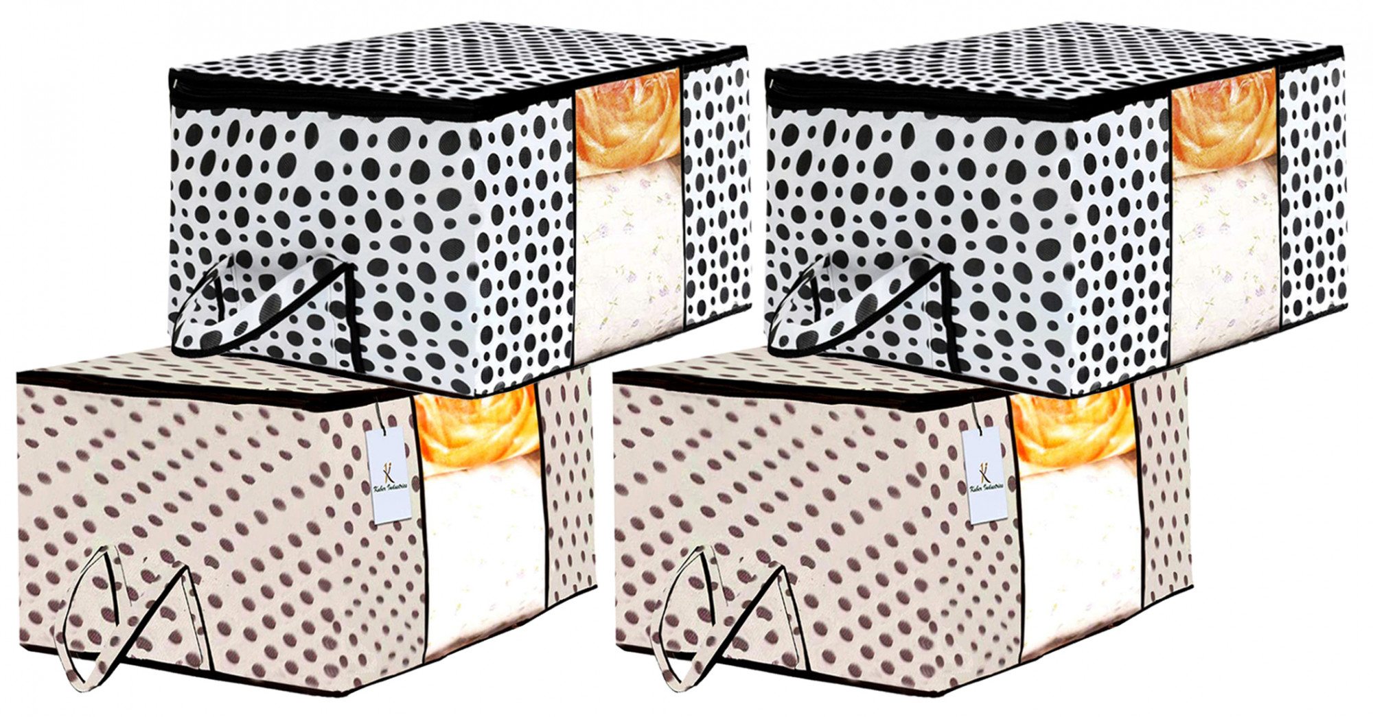 Kuber Industries Polka Dot Design Non Woven Fabric Underbed Storage Bag,Cloth Organiser,Blanket Cover with Transparent Window, Cream & White -CTKTC41039