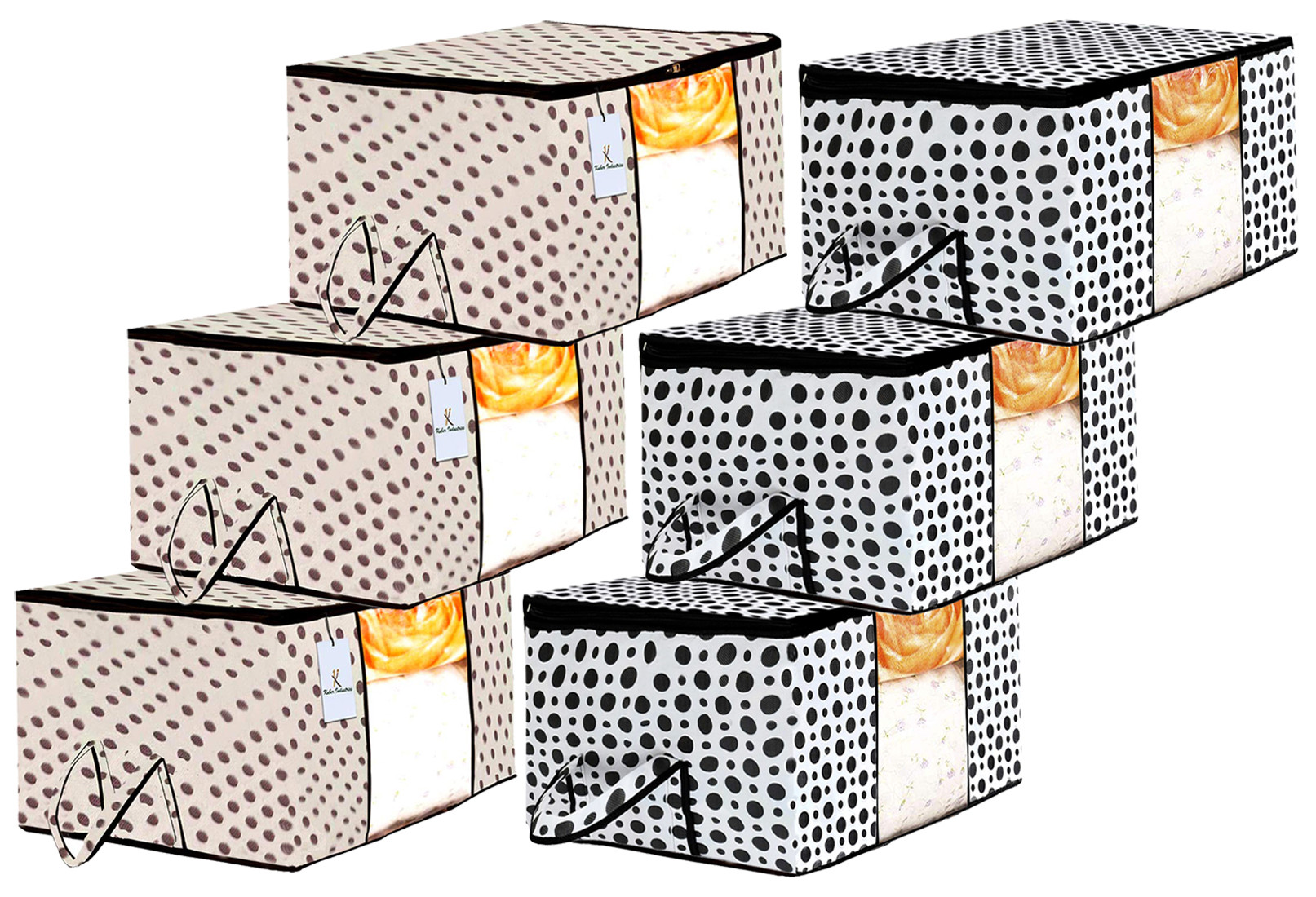 Kuber Industries Polka Dot Design Non Woven Fabric Underbed Storage Bag,Cloth Organiser,Blanket Cover with Transparent Window, Cream & White -CTKTC41039