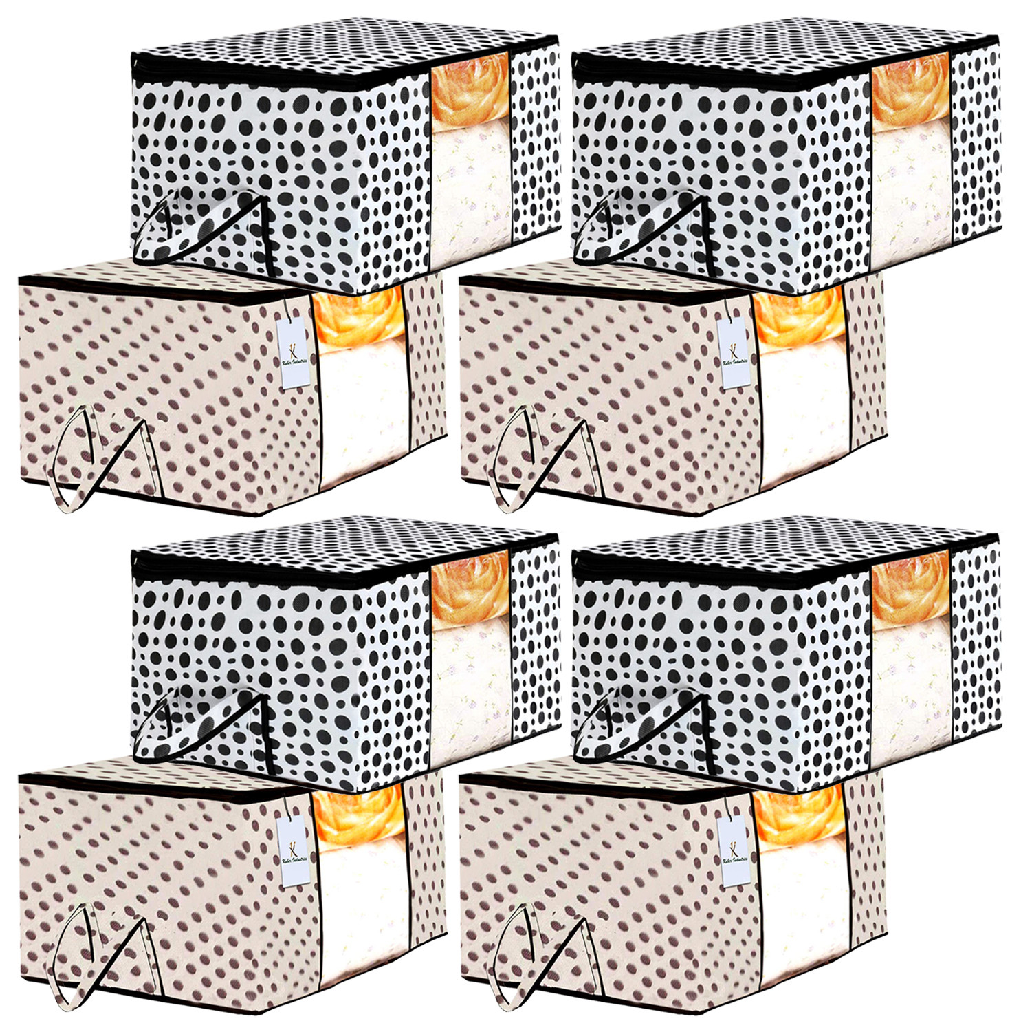 Kuber Industries Polka Dot Design Non Woven Fabric Underbed Storage Bag,Cloth Organiser,Blanket Cover with Transparent Window, Cream & White -CTKTC41039