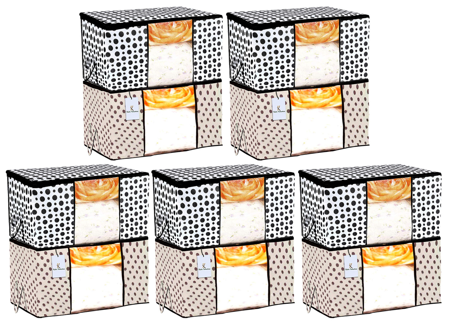 Kuber Industries Polka Dot Design Non Woven Fabric Underbed Storage Bag,Cloth Organiser,Blanket Cover with Transparent Window, Cream & White -CTKTC41039