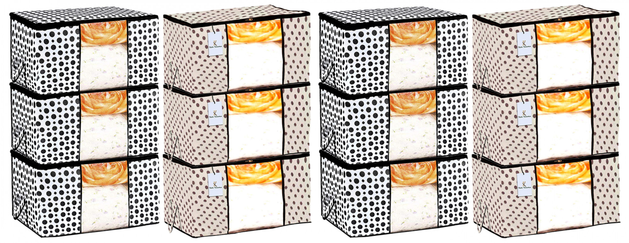 Kuber Industries Polka Dot Design Non Woven Fabric Underbed Storage Bag,Cloth Organiser,Blanket Cover with Transparent Window, Cream & White -CTKTC41039