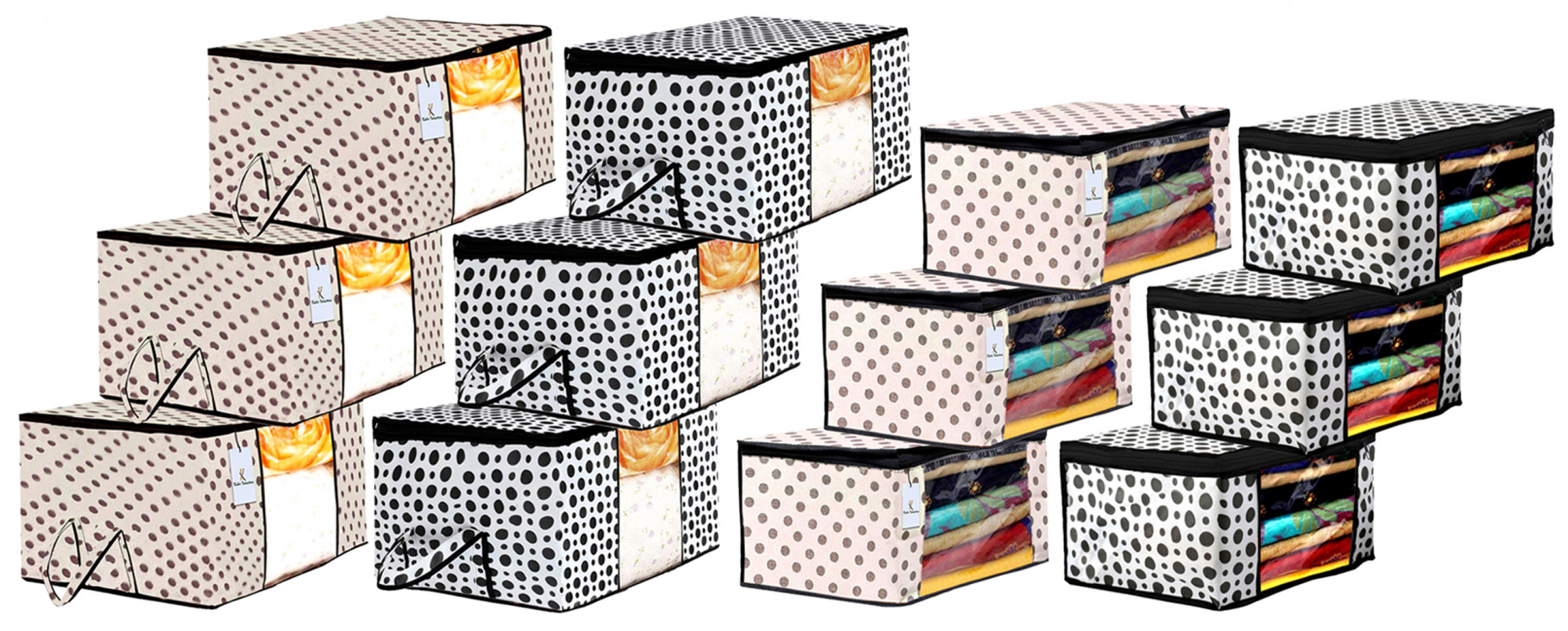 Kuber Industries Polka Dot DesignNon Woven Saree Cover And Underbed Storage Bag, Storage Organiser, Blanket Cover, Cream & White  -CTKTC42365