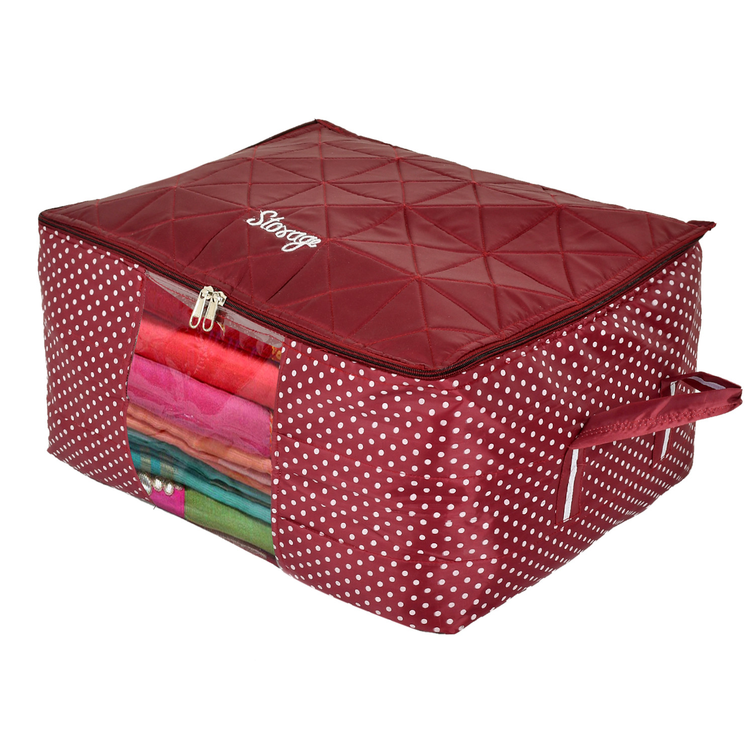 Kuber Industries Polka Dot Print Polyester Foldable Saree Cover|Clothes For Home & Traveling With Transparent, Extra Large (Maroon)