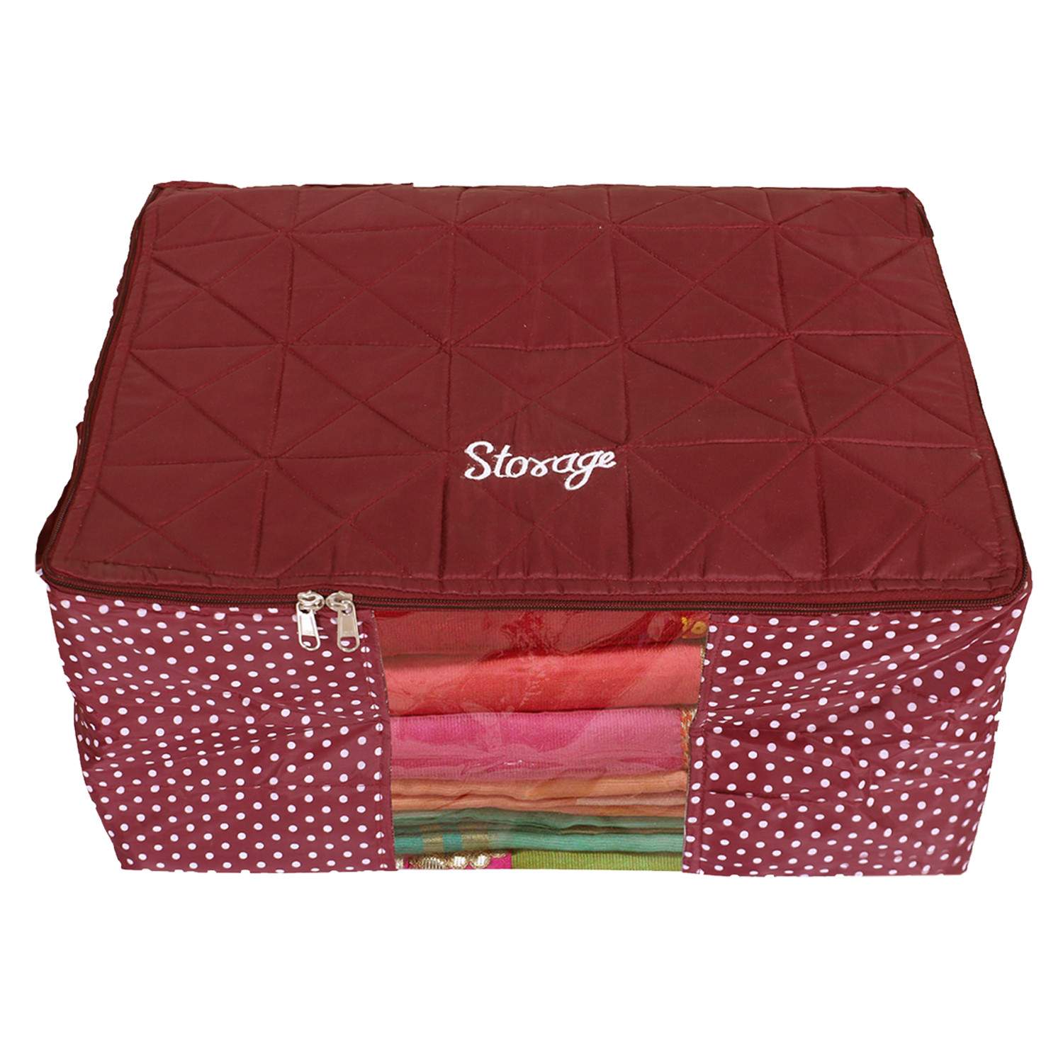 Kuber Industries Polka Dot Print Polyester Foldable Saree Cover|Clothes For Home & Traveling With Transparent, Extra Large (Maroon)