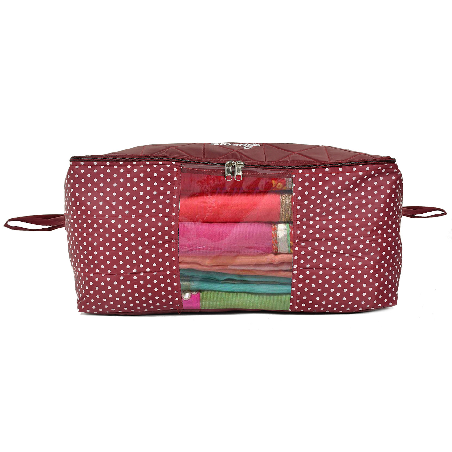 Kuber Industries Polka Dot Print Polyester Foldable Saree Cover|Clothes For Home & Traveling With Transparent, Extra Large (Maroon)