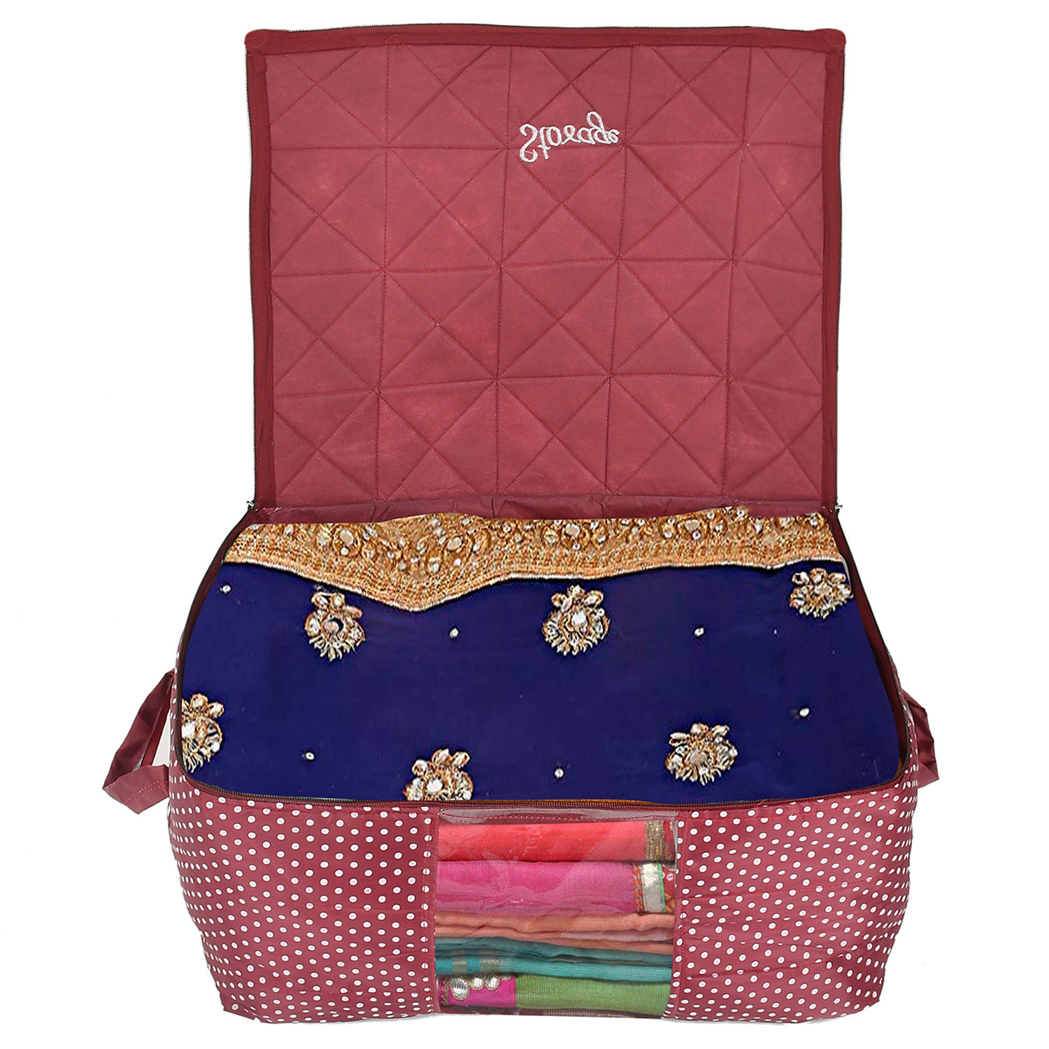 Kuber Industries Polka Dot Print Polyester Foldable Saree Cover|Clothes For Home & Traveling With Transparent, Extra Large (Maroon)