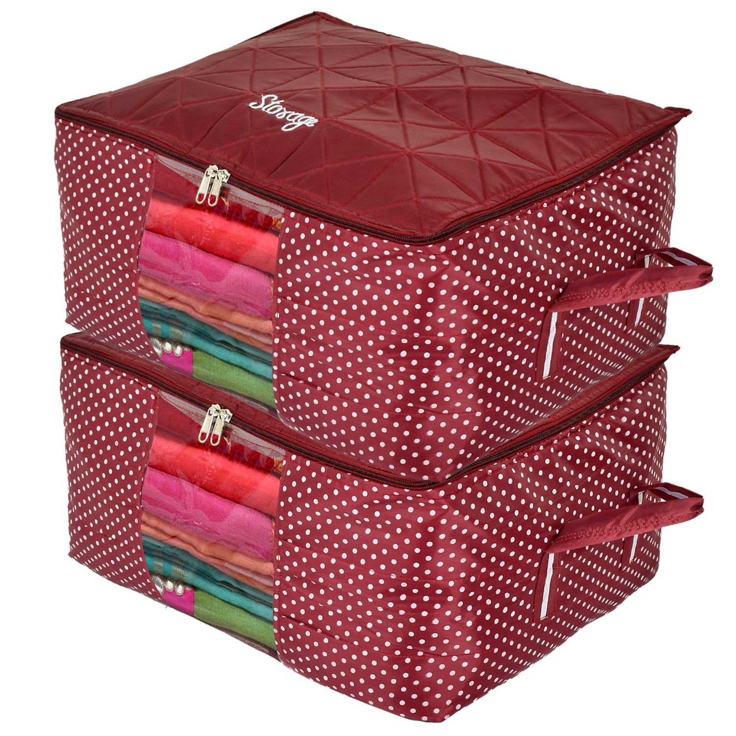 Kuber Industries Polka Dot Print Polyester Foldable Saree Cover|Clothes For Home & Traveling With Transparent, Extra Large (Maroon)