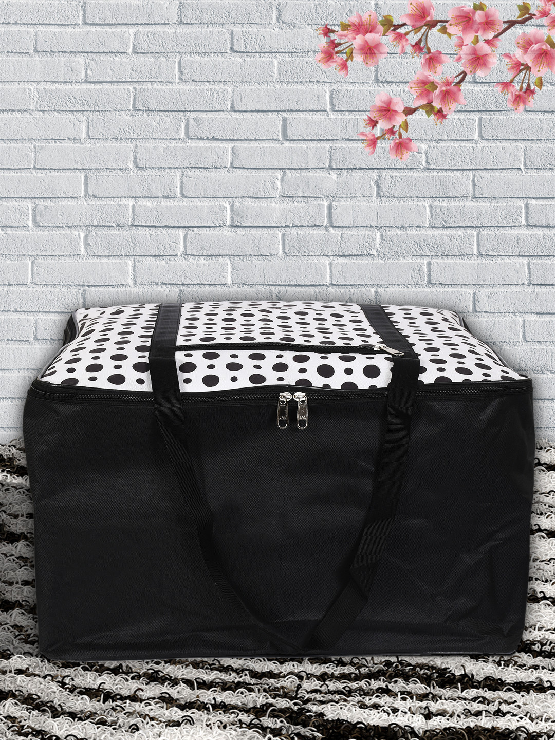 Kuber Industries Polka Dots Design Canvas Jumbo Underbed Moisture Proof Storage Bag with Zipper Closure and Handle (Black & White)