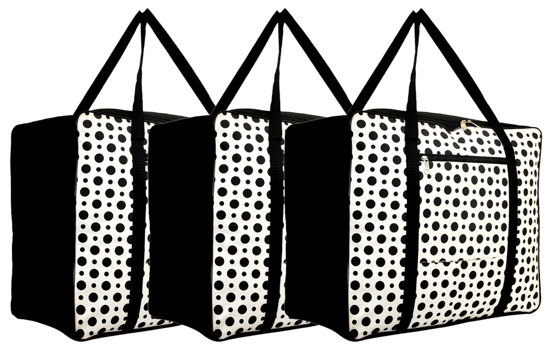 Kuber Industries Polka Dots Design Canvas Jumbo Underbed Moisture Proof Storage Bag with Zipper Closure and Handle (Black & White)