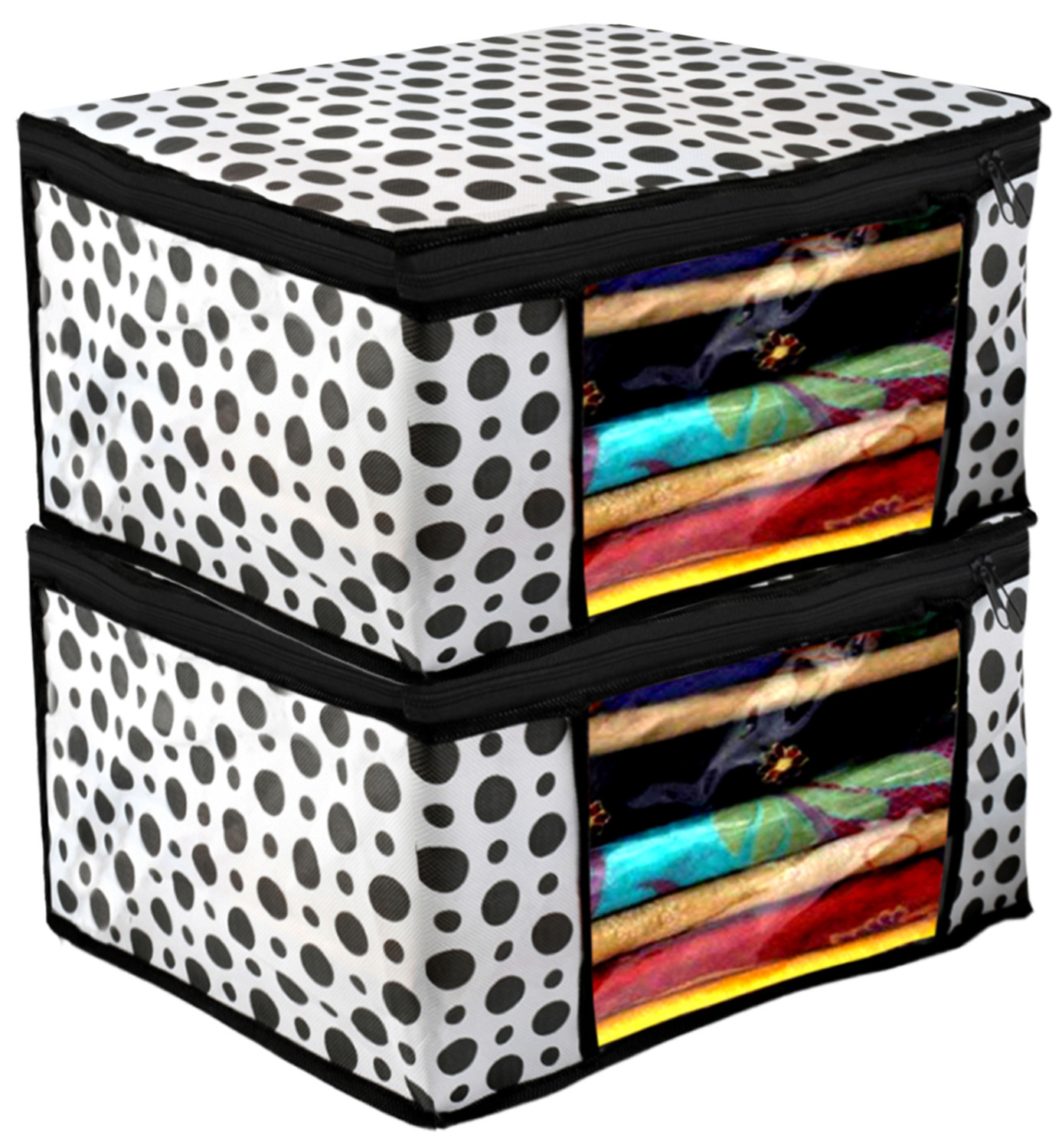 Kuber Industries Polka Dots Design Non Woven Fabric Saree Cover/ Clothes Organiser For Wardrobe Set with Transparent Window, Extra Large,(Black & White) -CTKTC38093