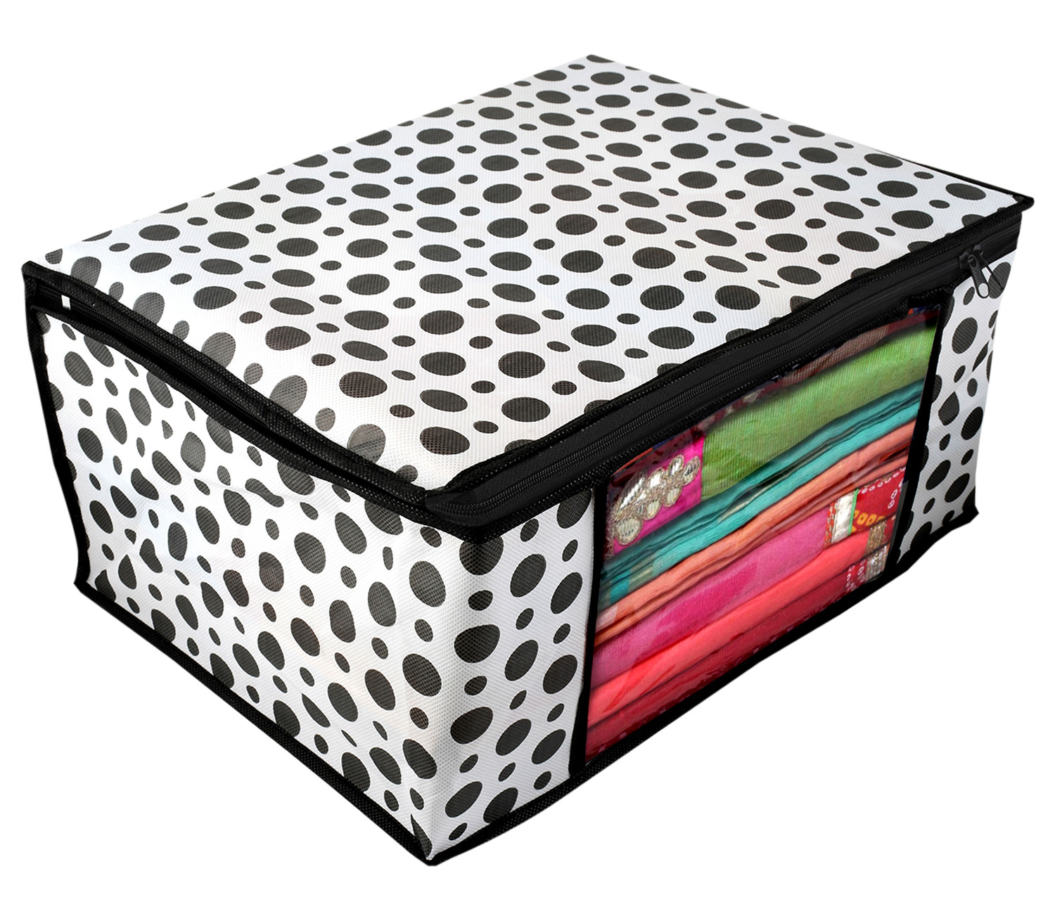 Kuber Industries Polka Dots Design Non Woven Fabric Saree Cover/ Clothes Organiser For Wardrobe Set with Transparent Window, Extra Large,(Black & White) -CTKTC38093