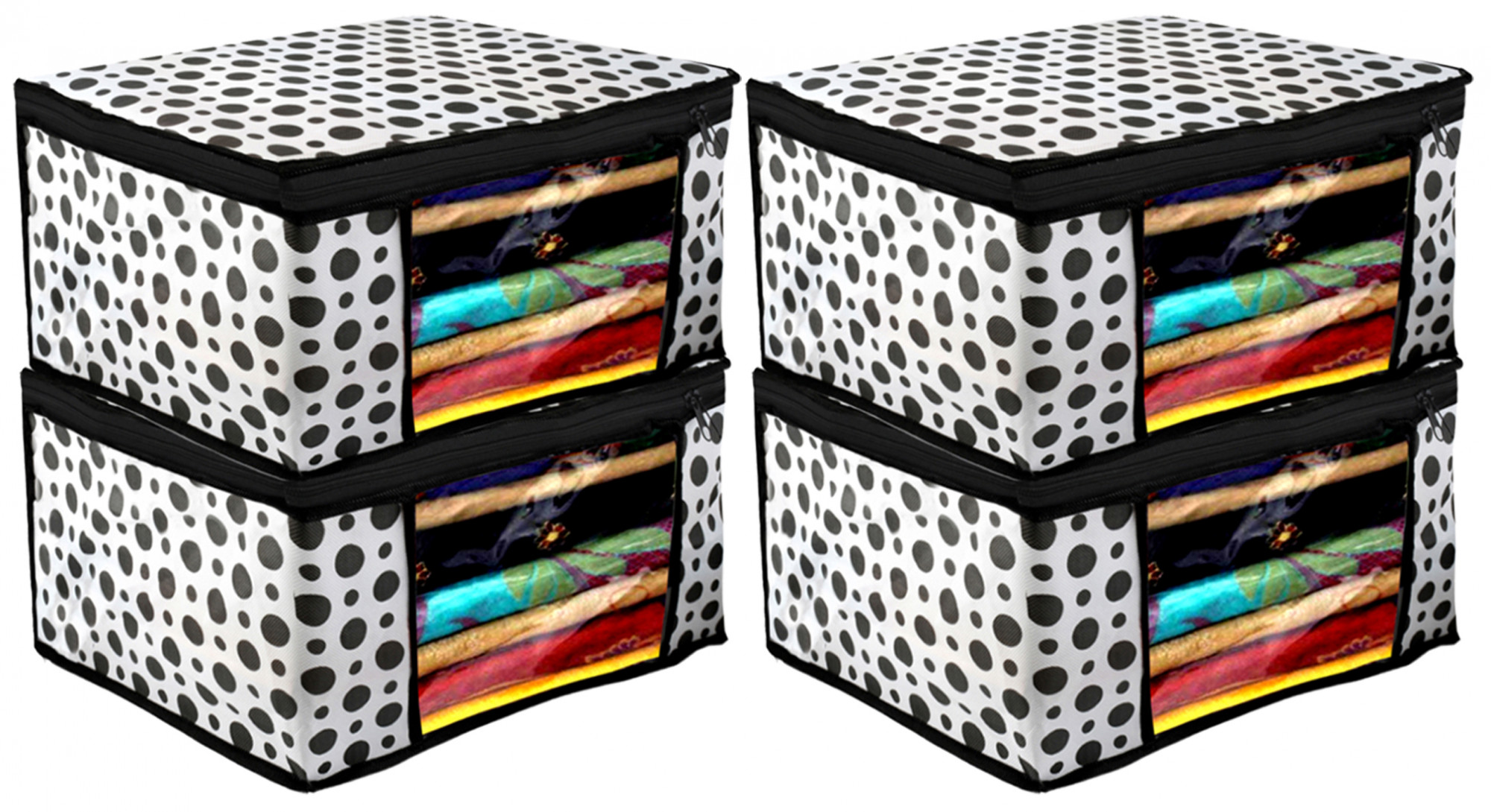 Kuber Industries Polka Dots Design Non Woven Fabric Saree Cover/ Clothes Organiser For Wardrobe Set with Transparent Window, Extra Large,(Black & White) -CTKTC38093