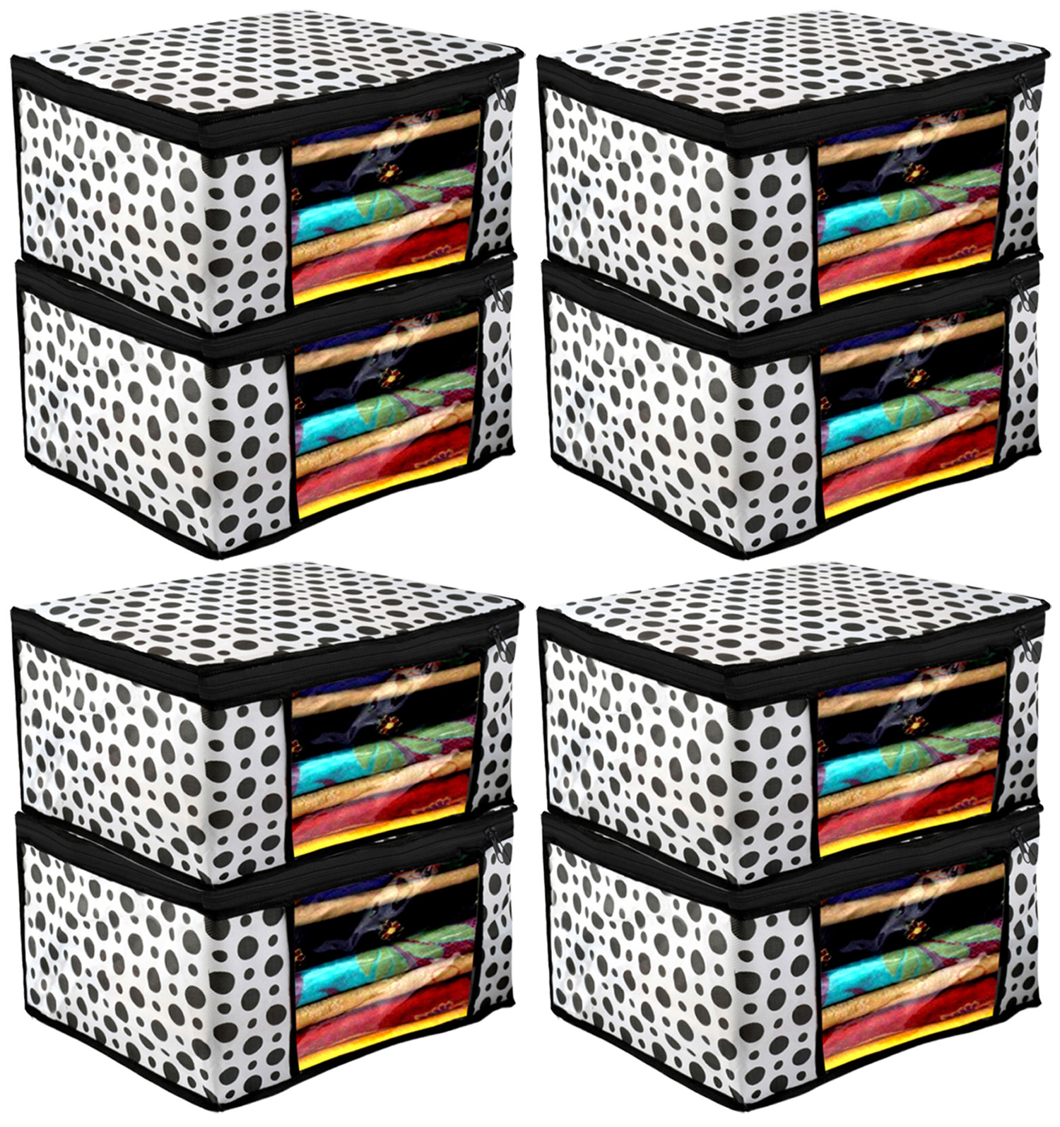 Kuber Industries Polka Dots Design Non Woven Fabric Saree Cover/ Clothes Organiser For Wardrobe Set with Transparent Window, Extra Large,(Black & White) -CTKTC38093