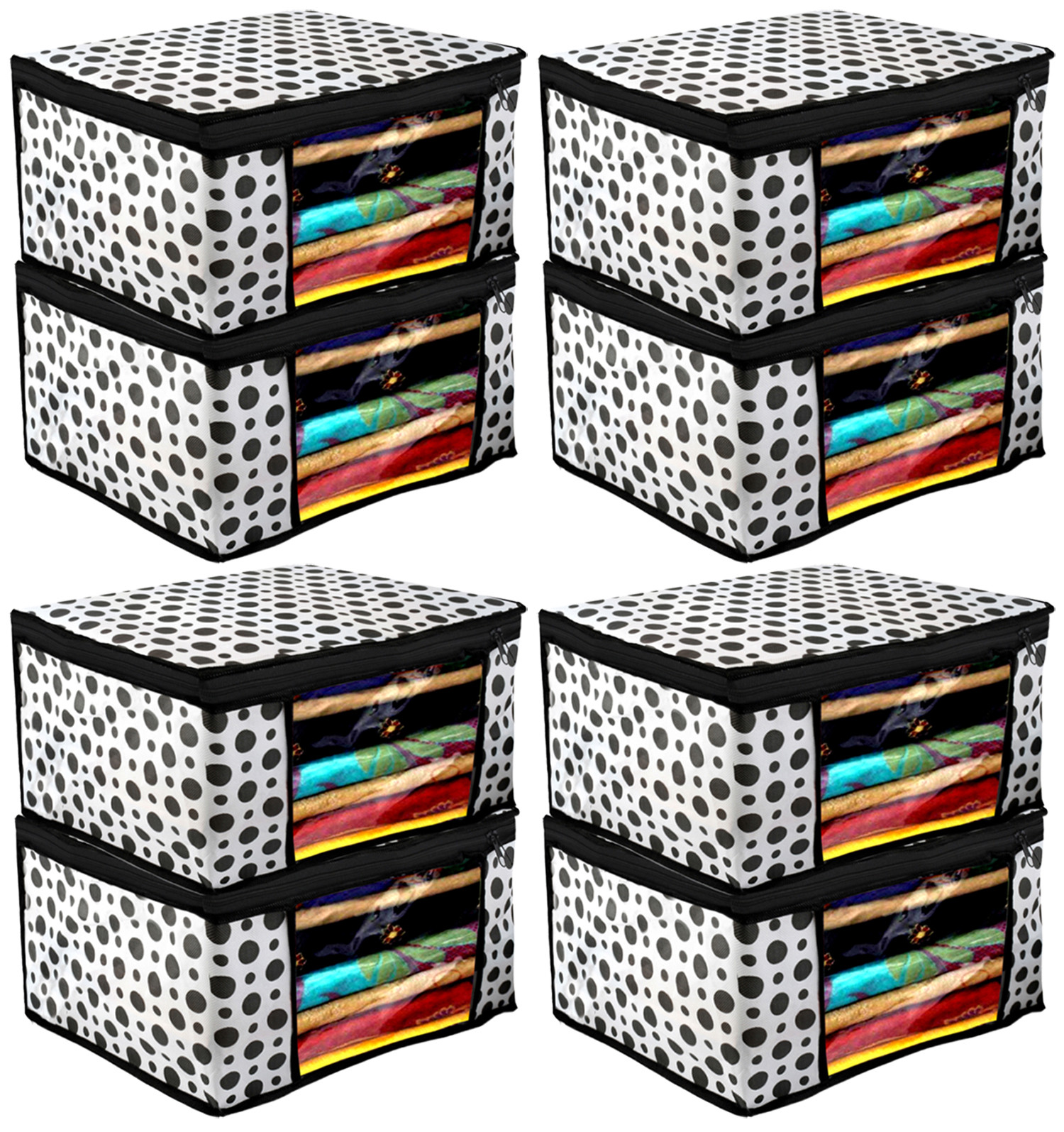Kuber Industries Polka Dots Design Non Woven Fabric Saree Cover/ Clothes Organiser For Wardrobe Set with Transparent Window, Extra Large,(Black & White) -CTKTC38093