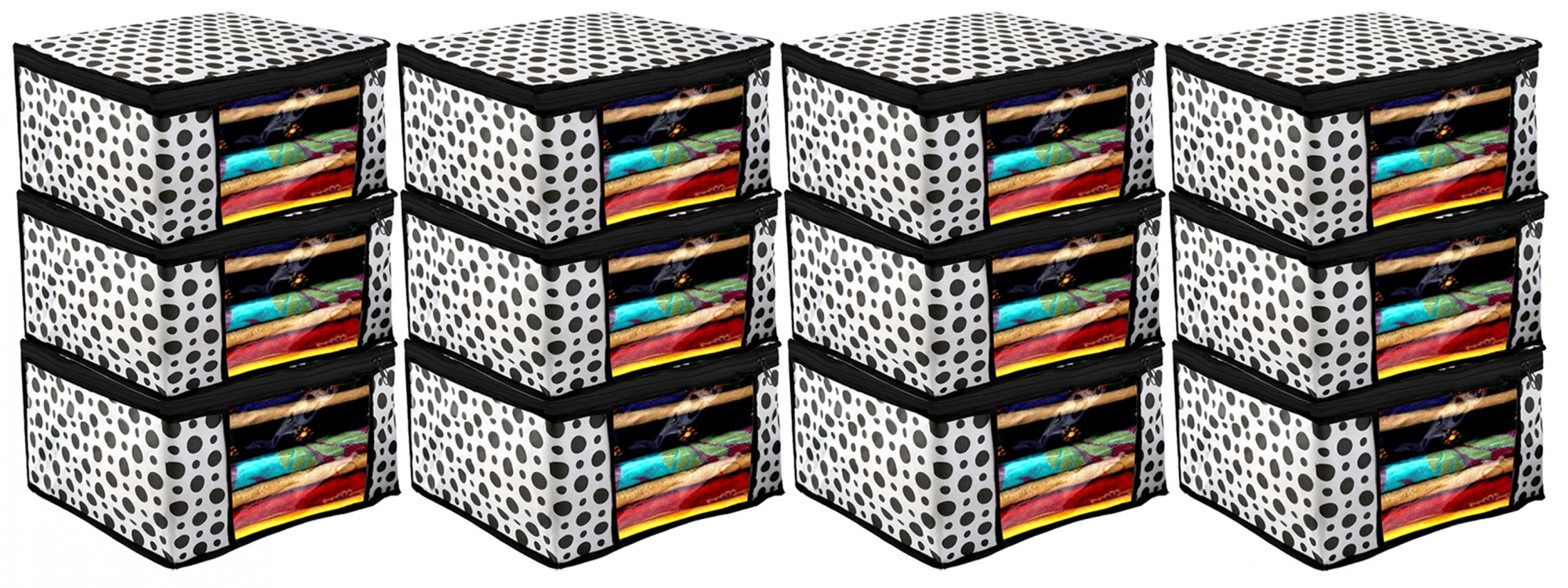 Kuber Industries Polka Dots Design Non Woven Fabric Saree Cover/ Clothes Organiser For Wardrobe Set with Transparent Window, Extra Large,(Black & White) -CTKTC38093