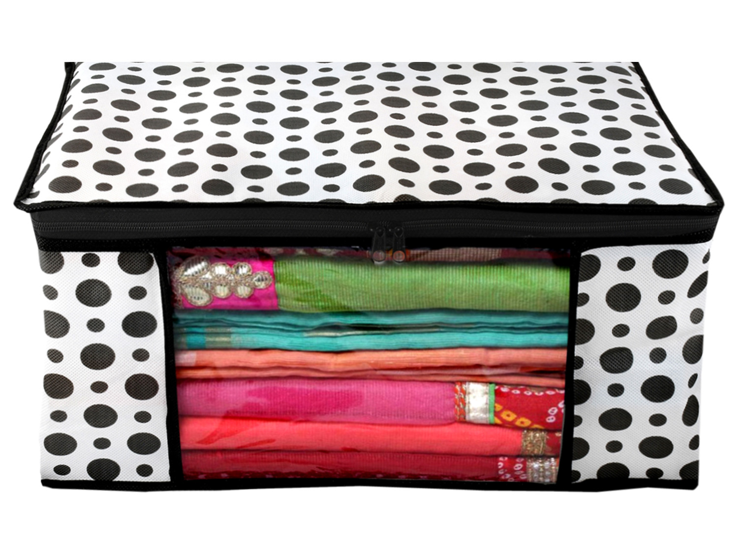 Kuber Industries Polka Dots Design Non Woven Saree Cover And Underbed Storage Bag, Storage Organiser, Blanket Cover (Black & White) -CTKTC38119