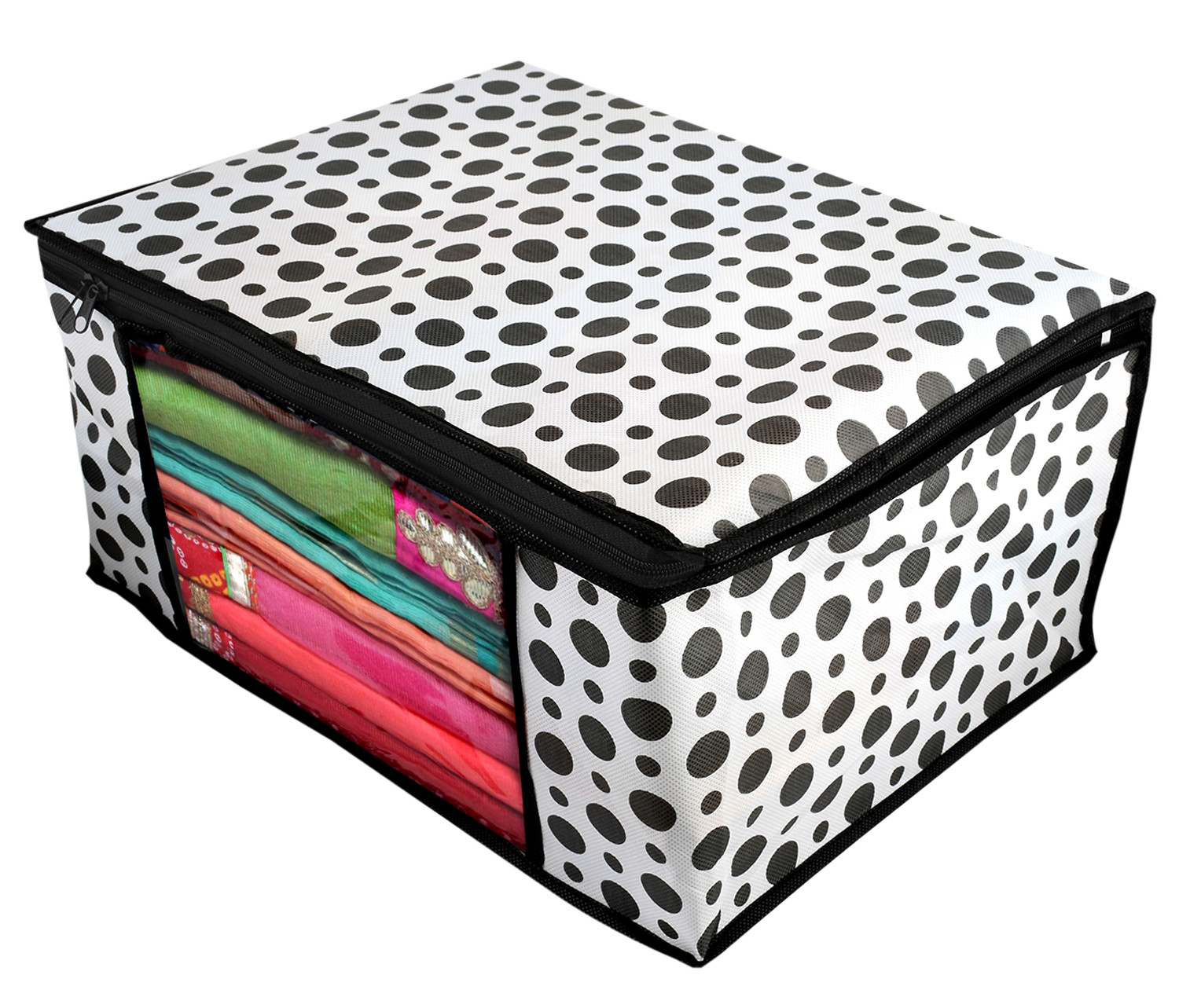 Kuber Industries Polka Dots Design Non Woven Saree Cover And Underbed Storage Bag, Storage Organiser, Blanket Cover (Black & White) -CTKTC38119