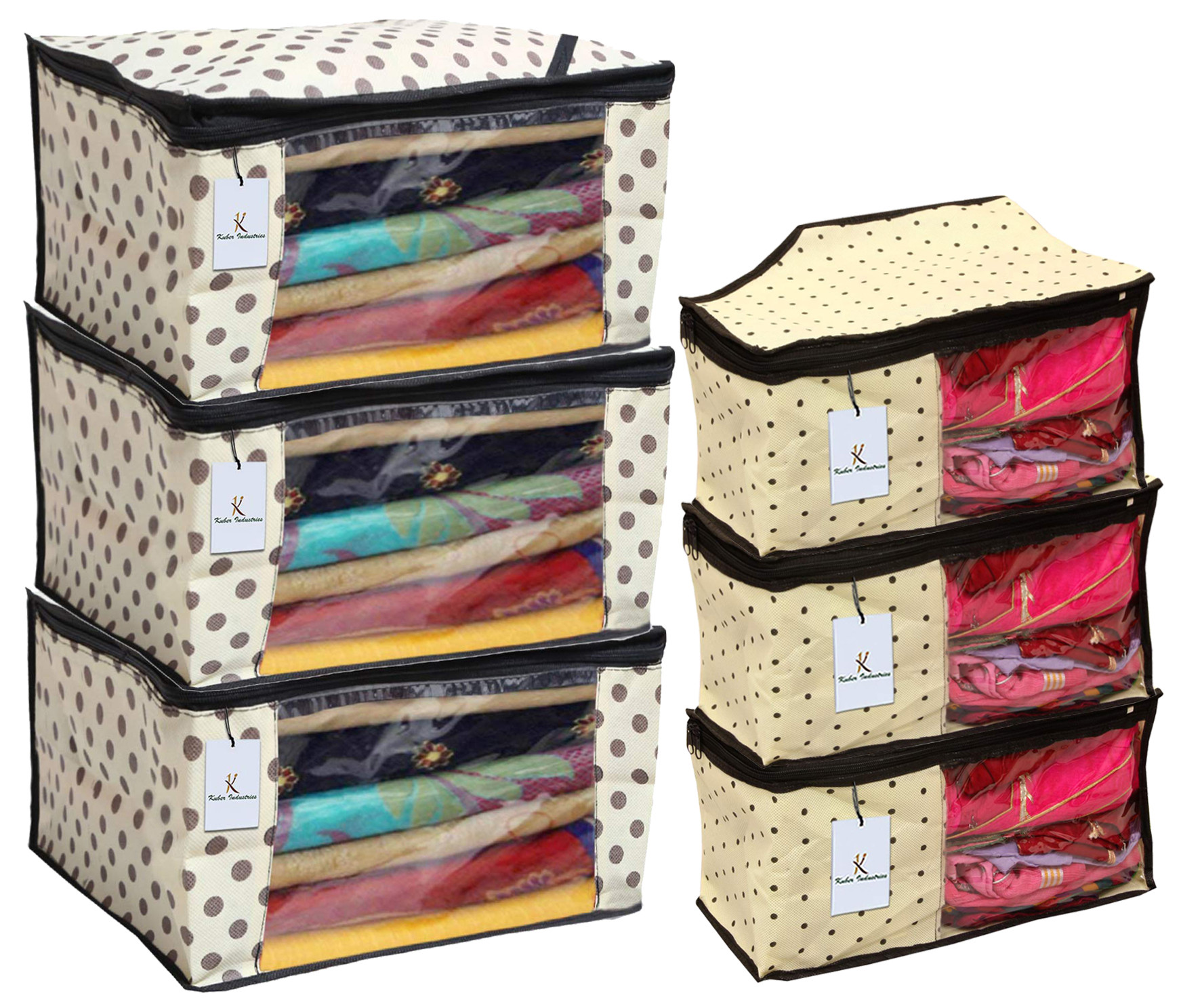 Kuber Industries Polka Dots Design Non Woven Saree Cover/Cloth Wardrobe Organizer And Blouse Cover Combo Set (Ivory) -CTKTC38421