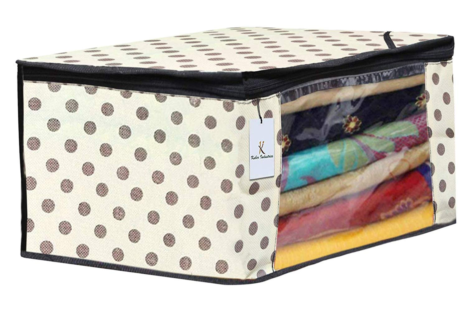 Kuber Industries Polka Dots Design Non Woven Saree Cover/Cloth Wardrobe Organizer And Blouse Cover Combo Set (Ivory) -CTKTC38421