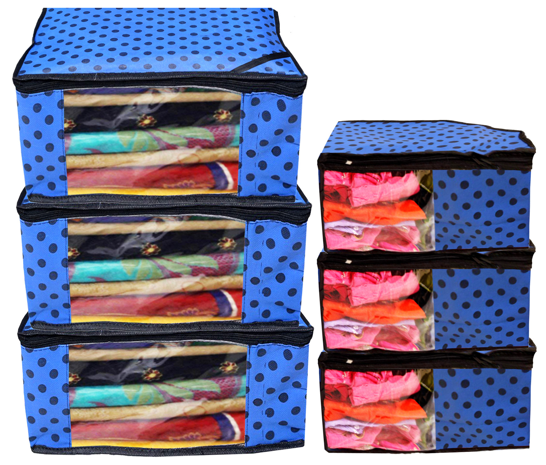 Kuber Industries Polka Dots Design Non Woven Saree Cover/Cloth Wardrobe Organizer And Blouse Cover Combo Set (Blue) -CTKTC38427